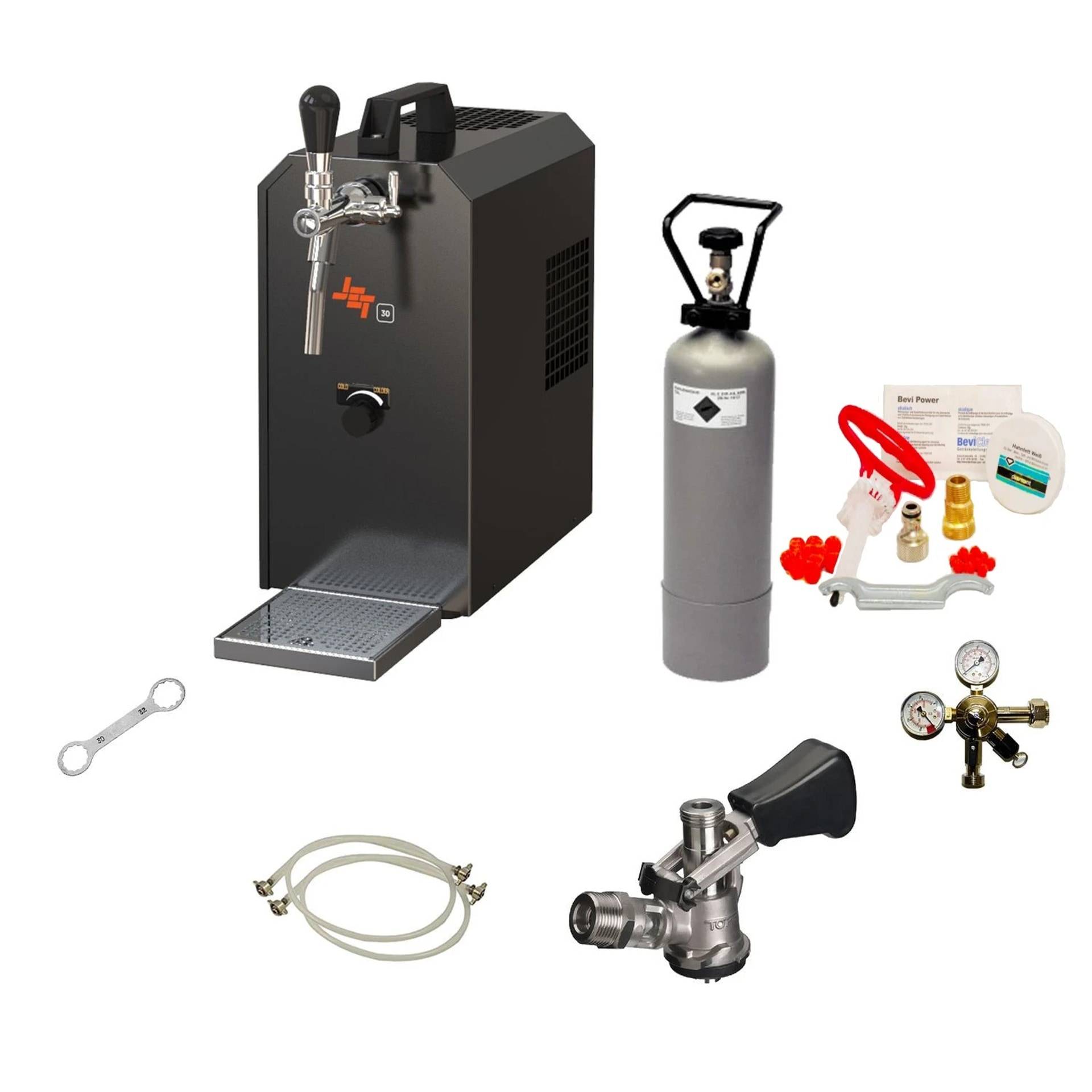 JET 30 Zapfanlage Komplett-Set mit CO2-Flasche und Reinigungsset – Set mit allen Zapfköpfen