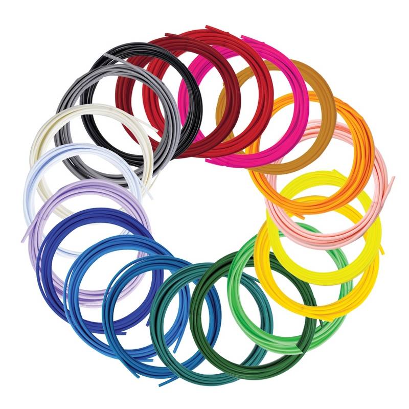 Kreisförmige Anordnung von mehrfarbigen Drahtschleifen, die einen regenbogenähnlichen Ring auf weißem Hintergrund bilden.