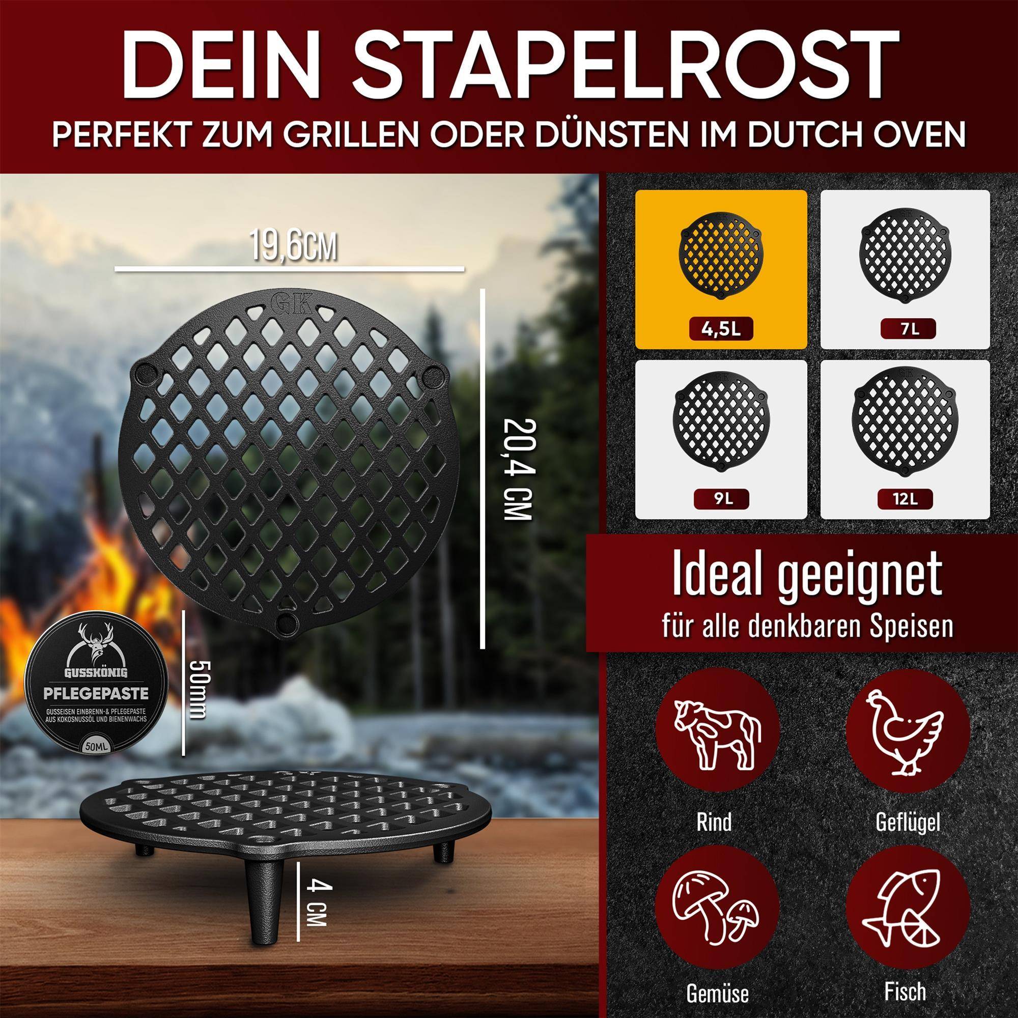 GUSSKÖNIG Stapelrost Gusseisen für Dutch Oven 4,5L inkl Pflegepaste