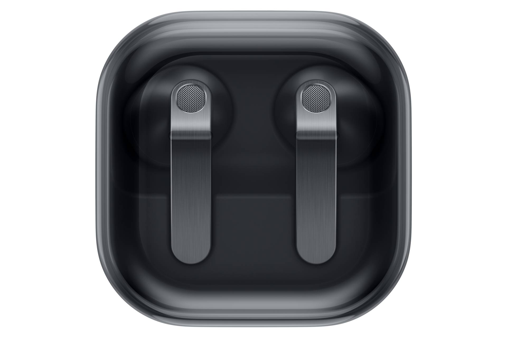 Apple AirPods Ladecase-Symbol zeigt das offene Gehäuse mit zwei Ohrhörern darin auf schwarzem Hintergrund.