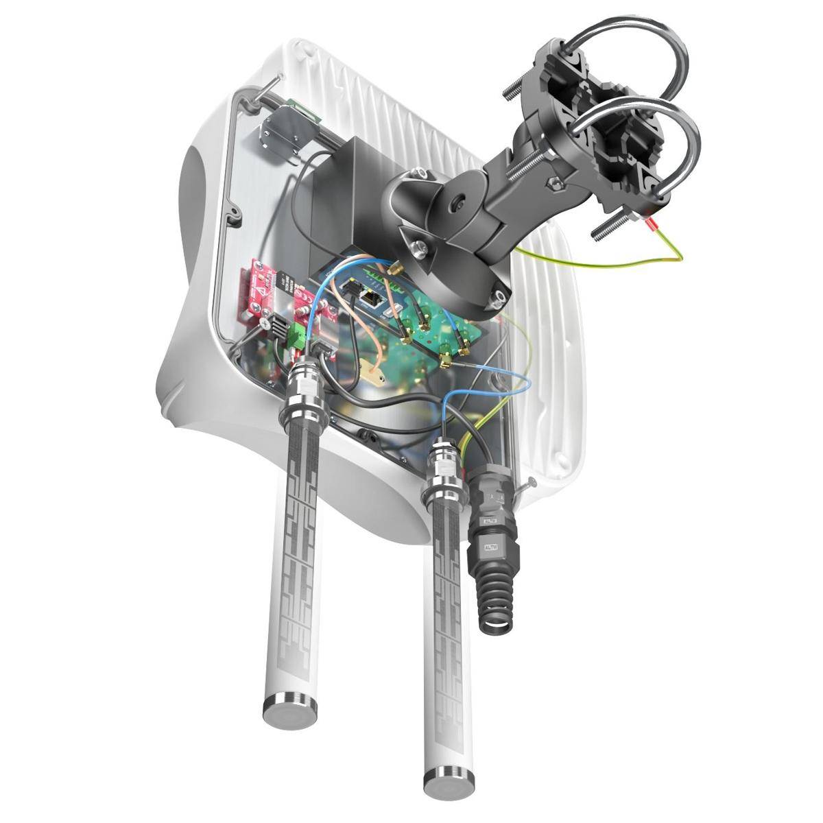 Schnittdarstellung eines montierten elektronischen Geräts mit internen Leiterplatten, Verkabelung, zwei antennenähnlichen Sensoren und einem Roboterarm oder einer Sonde auf der Oberseite.