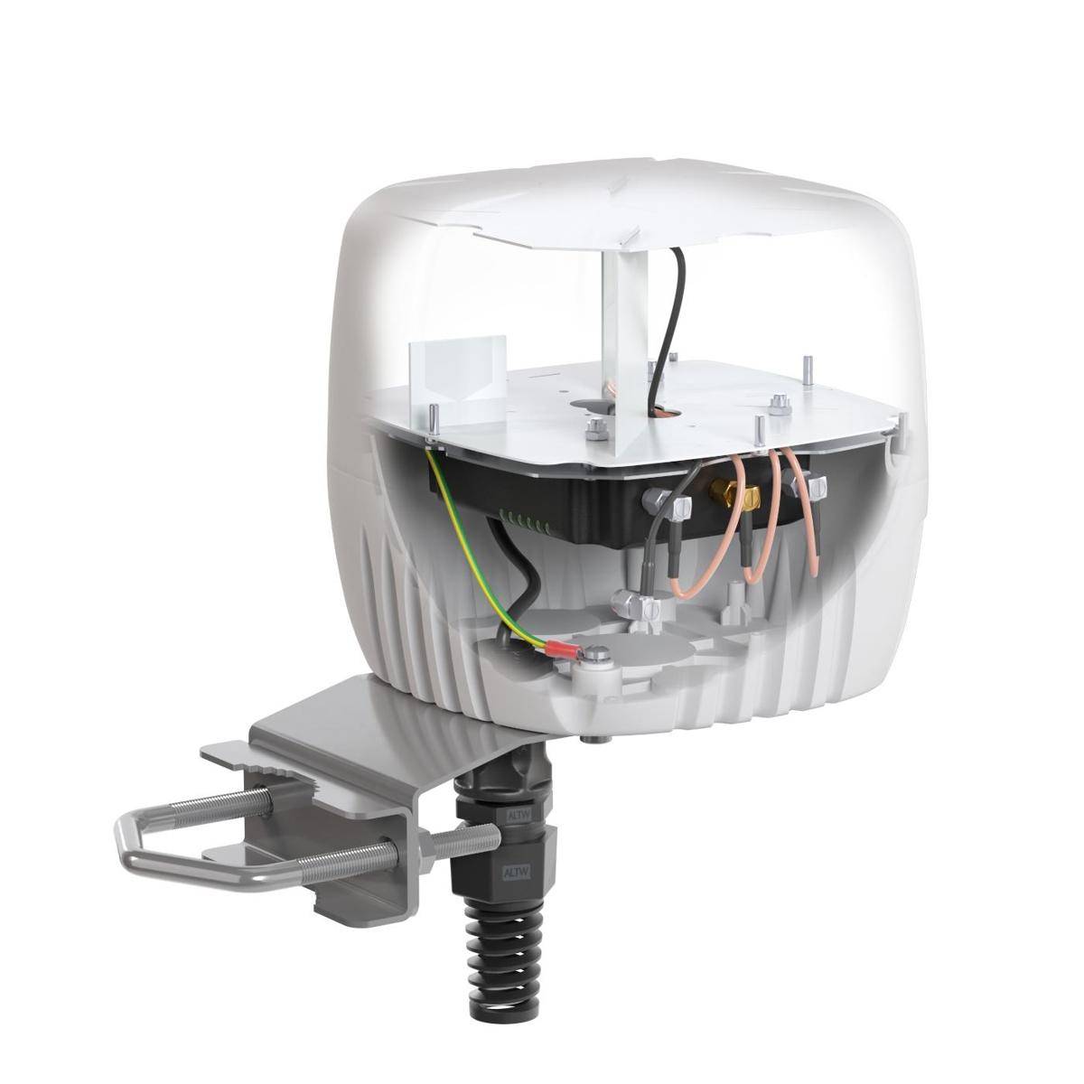 Schnittansicht einer elektrischen Wandsteckdose mit interner Verdrahtung, Anschllussklemmen und Befestigungsmaterial.