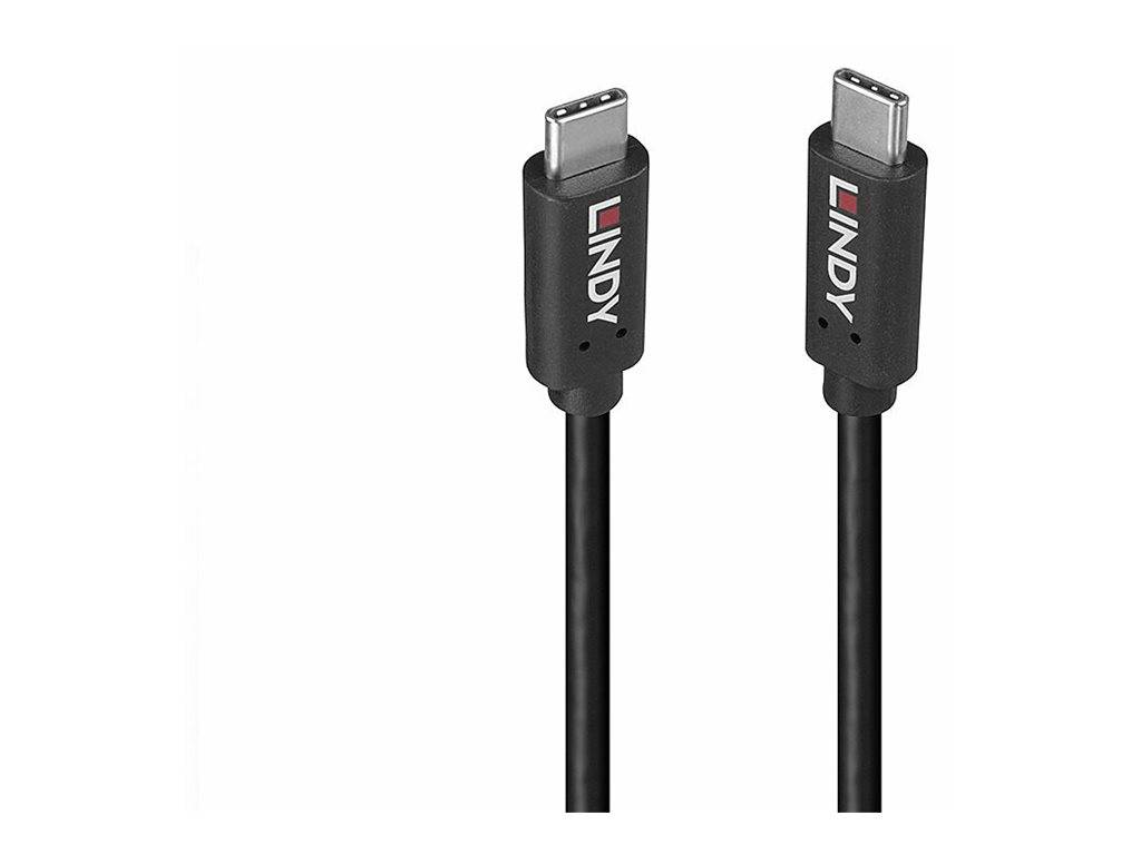 Zwei schwarze USB-C-Kabelenden mit LINDY-Branding, nebeneinander auf weißem Hintergrund dargestellt.
