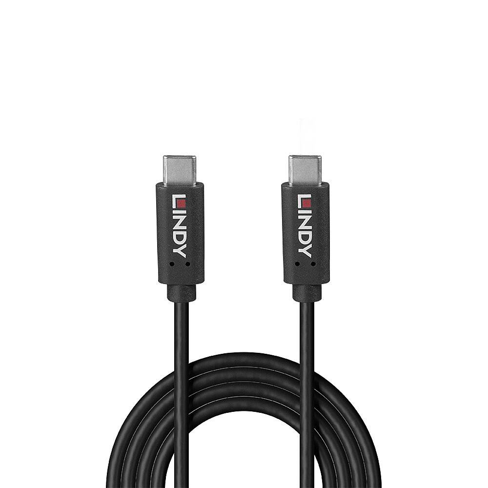 Schwarzes Lindy USB-C-Kabel ordentlich aufgerollt, zeigt zwei USB-C-Anschlüsse mit „LINDY