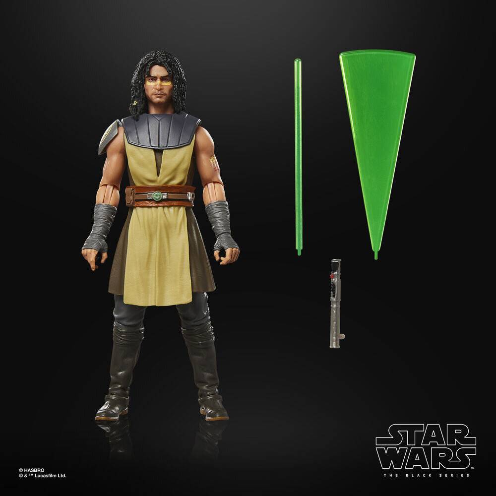 Star Wars Actionfigur eines Charakters mit langen Haaren, bekleidet mit einem schwarzen und beigen Outfit, Stiefeln und gepanzerten Handschuhen; enthält ein grünes Lichtschwert.