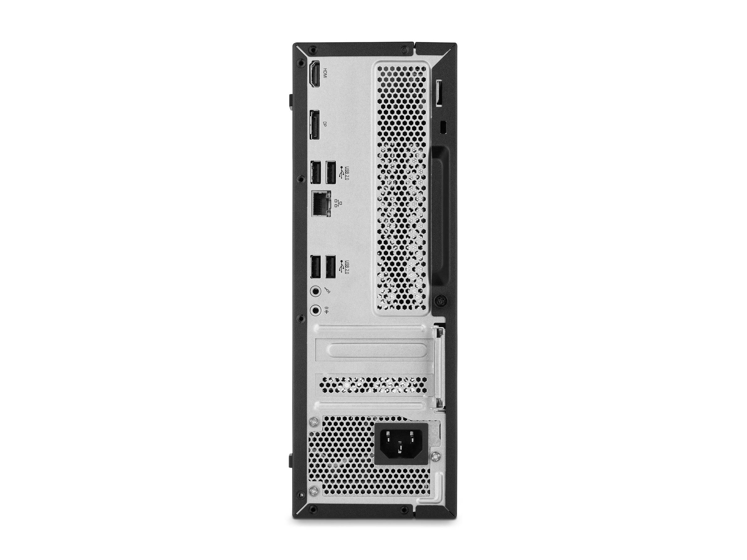 Rückansicht eines Desktop-Computer-Gehäuses, das Erweiterungssteckplätze, USB- und Audioanschlüsse, Belüftungsgitter und Stromeingang zeigt.