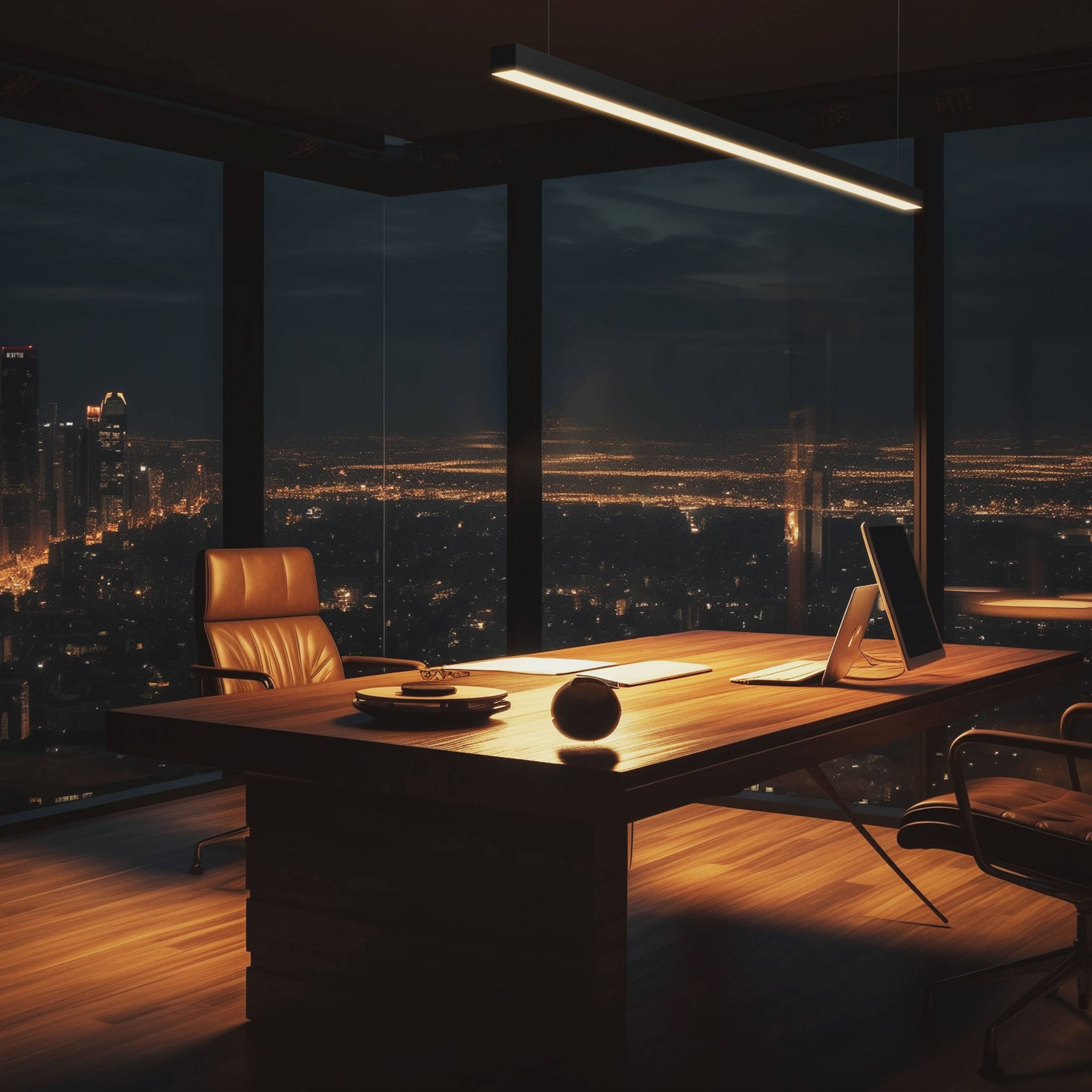 Modernes leeres Vorstandszimmer bei Nacht mit großem Holzschreibtisch, Lederstuhl, Computermonitor und Stadtlichtern, die durch raumhohe Fenster sichtbar sind.