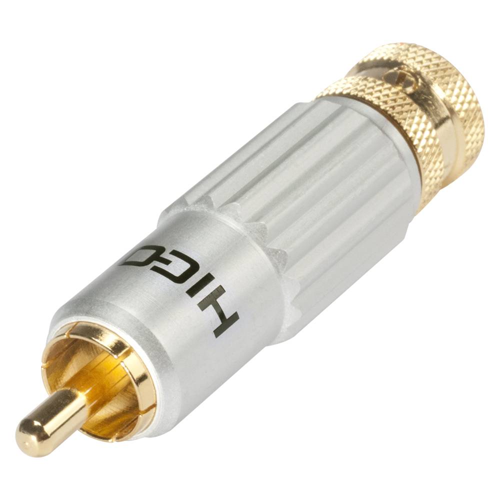 HICON Cinch / RCA mit Pressspangen-Verriegelung, 2-pol , Metall-, Löttechnik-Kabelstecker, vergoldete(r) Kontakt(e), gerade, grau