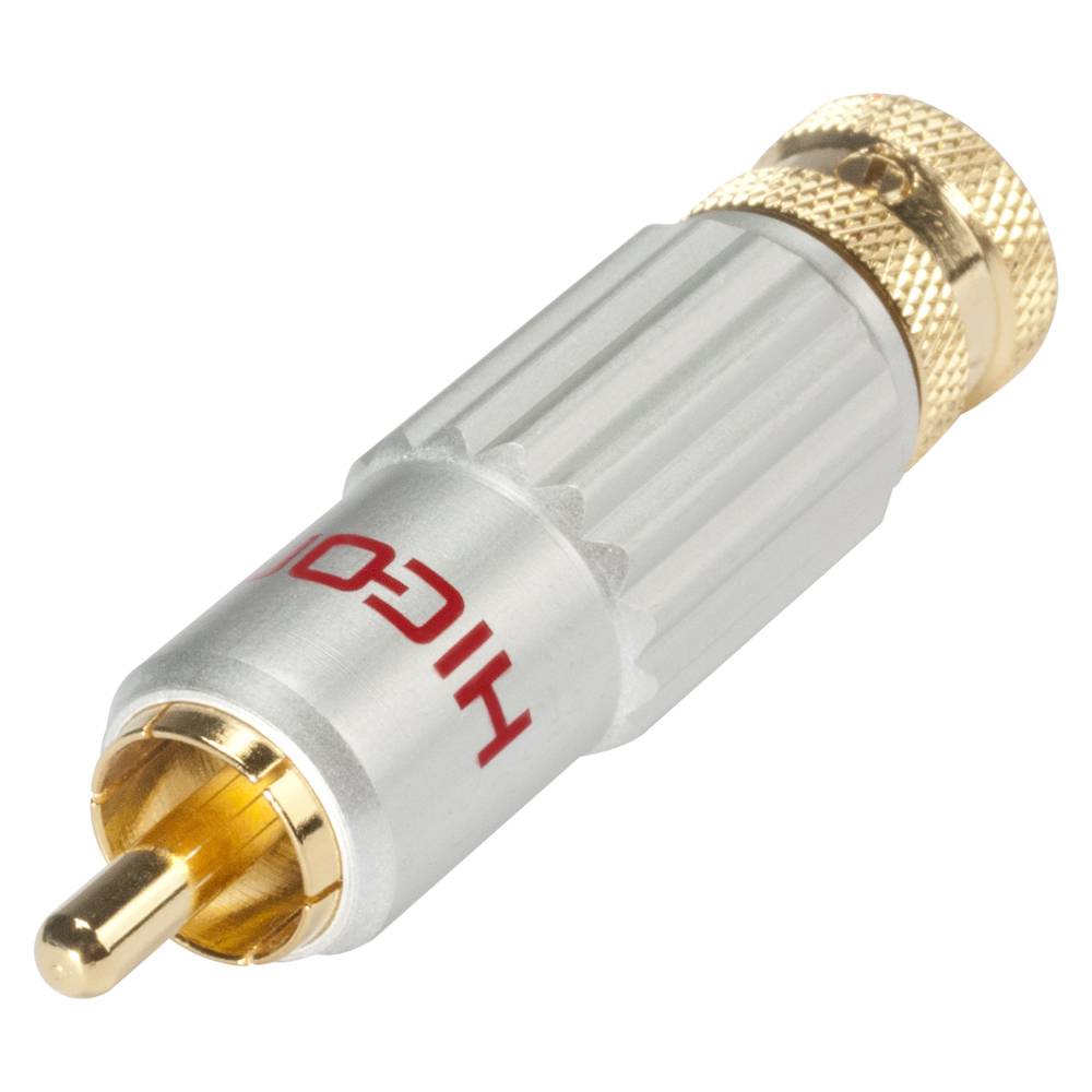 HICON Cinch / RCA mit Pressspangen-Verriegelung, 2-pol , Metall-, Löttechnik-Kabelstecker, vergoldete(r) Kontakt(e), gerade, grau
