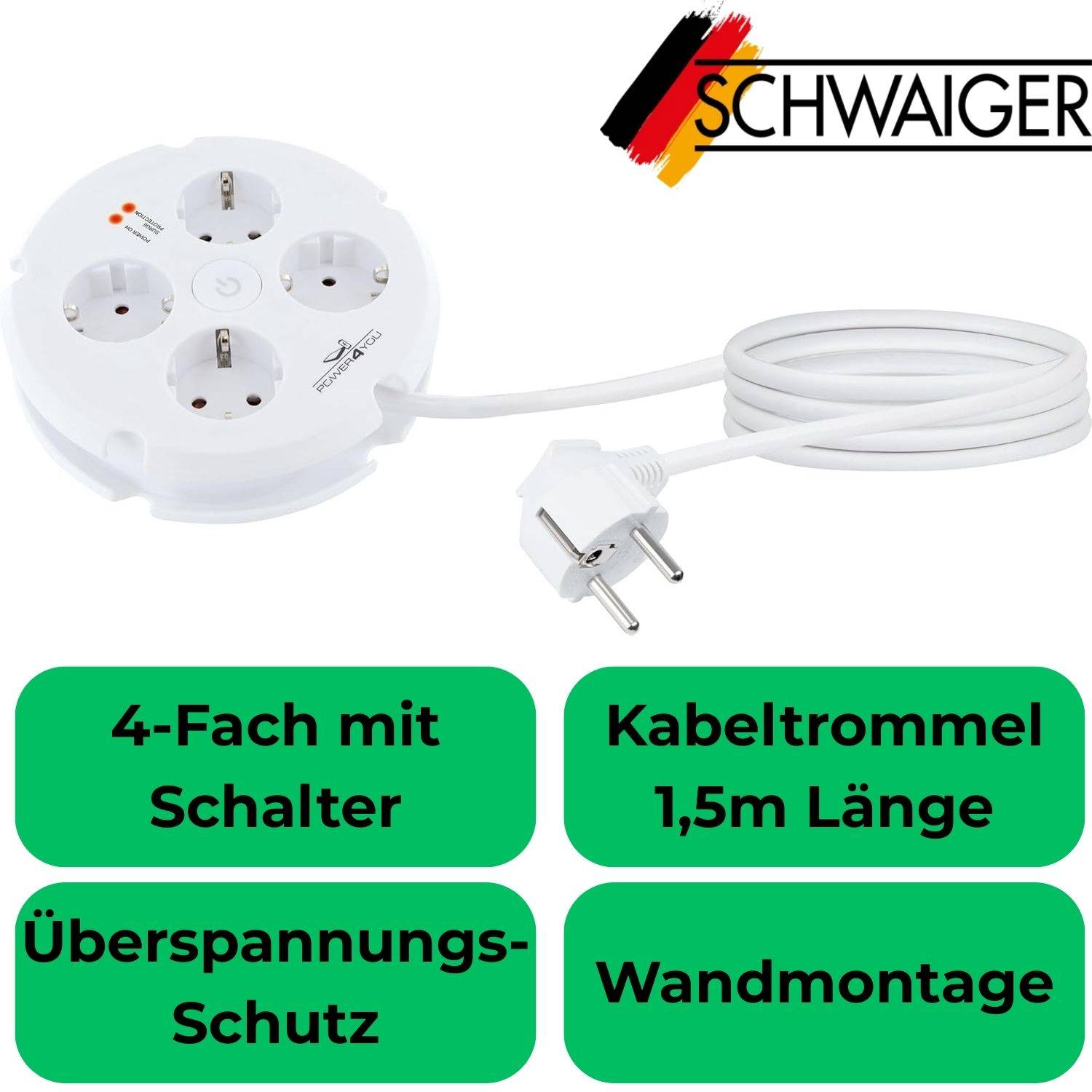 4-Fach Kabeltrommel mit Schalter 1,5m Weiß