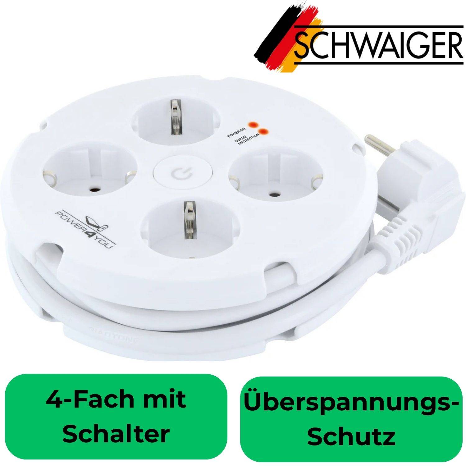 4-Fach Kabeltrommel mit Schalter 1,5m Weiß