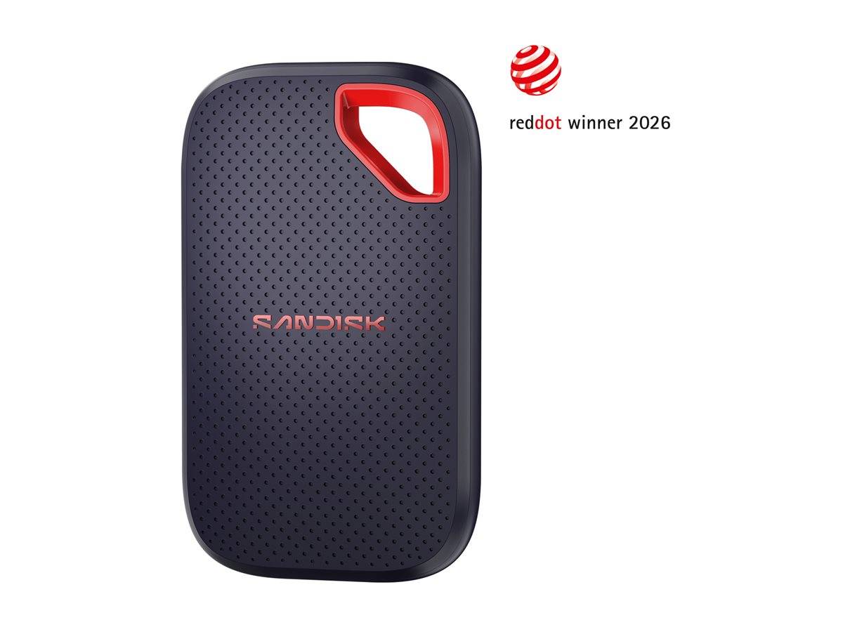 Tragbare schwarze SanDisk SSD mit roten Akzenten und dem Logo „reddot winner 2026" auf weißem Hintergrund.