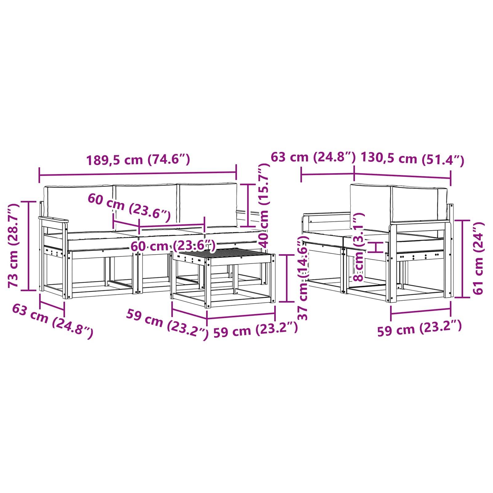 vidaXL Outdoor-Sofagarnitur 6 pcs Weiß und Hellgrau 59 x 59 x 37 cm