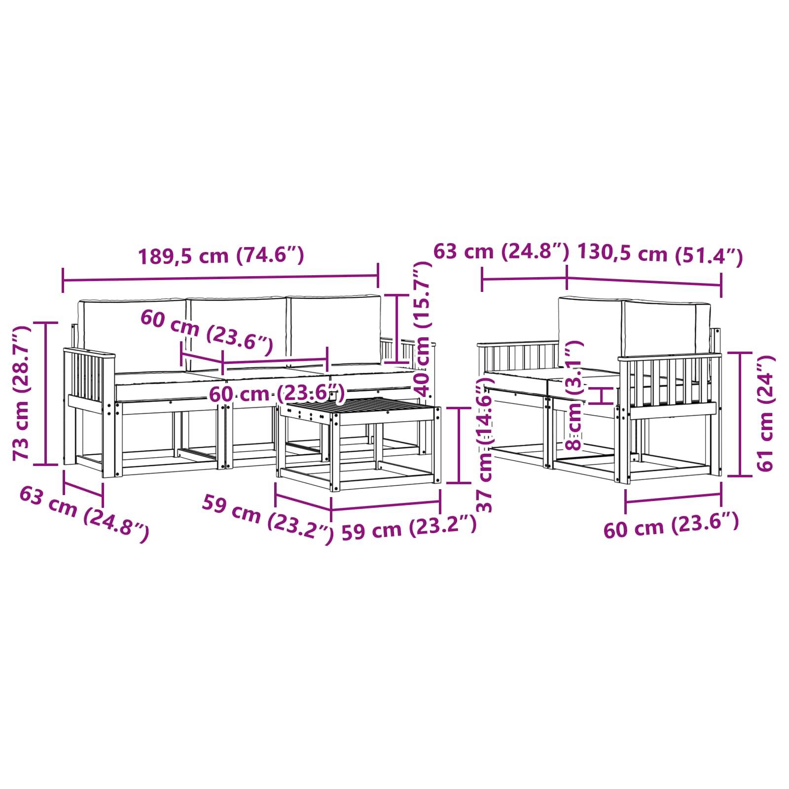 vidaXL Outdoor-Sofagarnitur 6 pcs Weiß und Hellgrau 59 x 59 x 37 cm