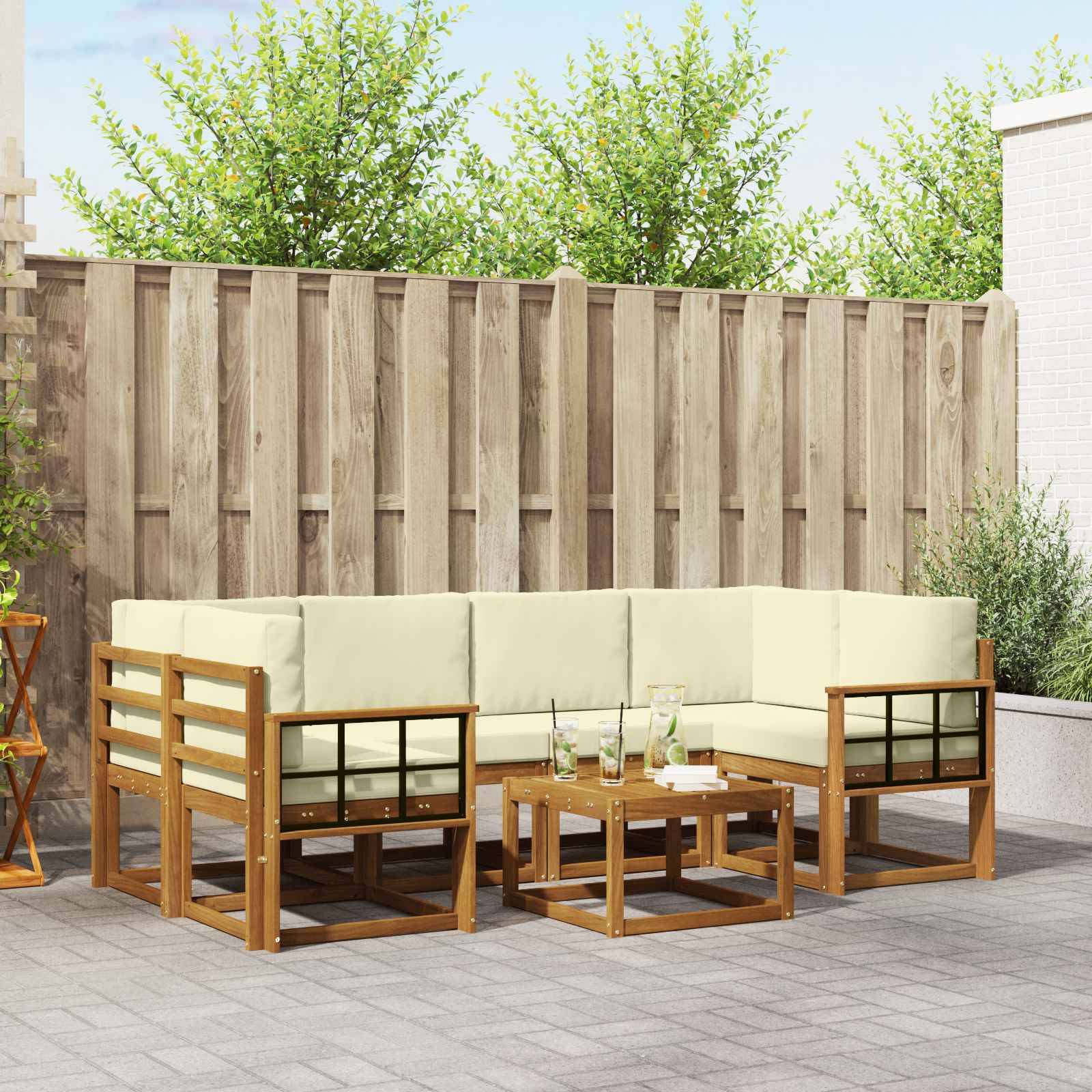 vidaXL Outdoor-Sofagarnitur mit Kissen 7 pcs Natur und Creme