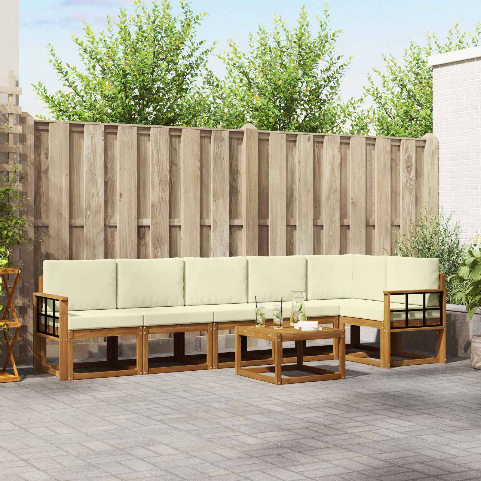 vidaXL Outdoor-Sofagarnitur mit Kissen 7 pcs Natur und Creme