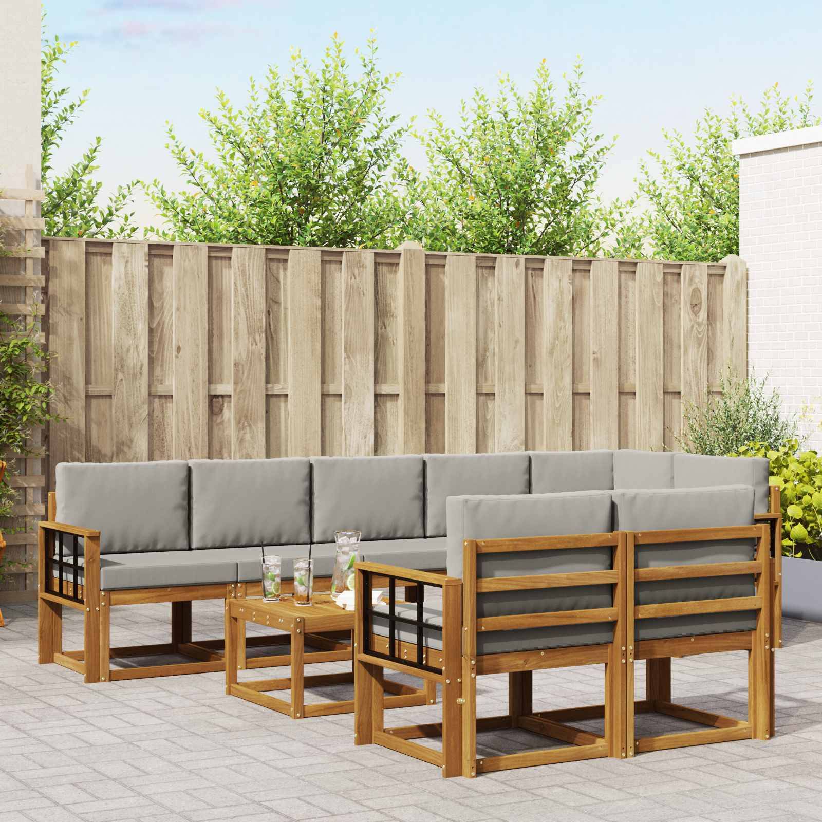 vidaXL Outdoor-Sofagarnitur mit Kissen 9 pcs Natürlich und Hellgrau