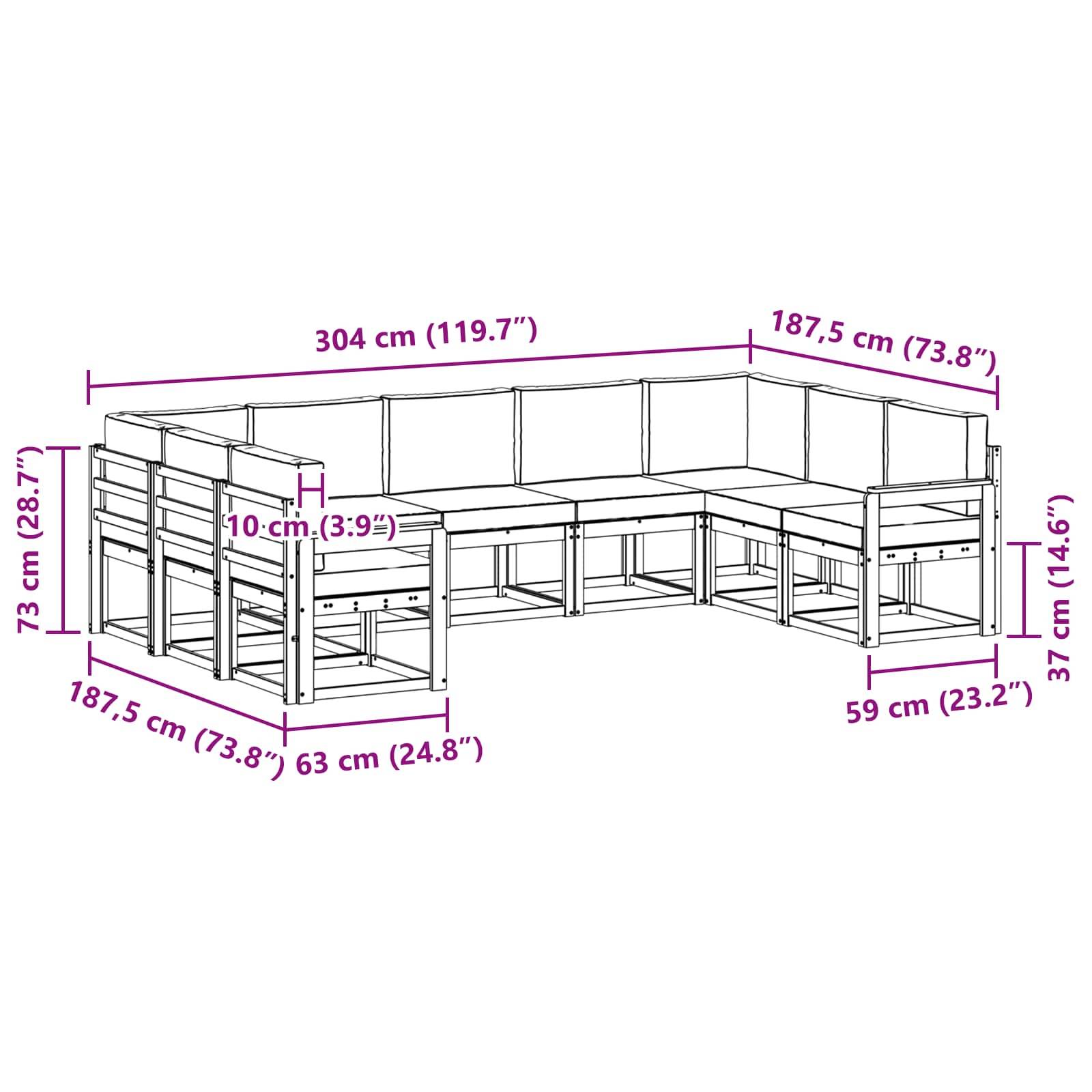 Diagramm einer L-förmigen Terrassensitzgruppe mit Abmessungen in Zentimetern und Zoll. Beinhaltet Sofas, Stühle und Tisch. Aus Holz gefertigt.