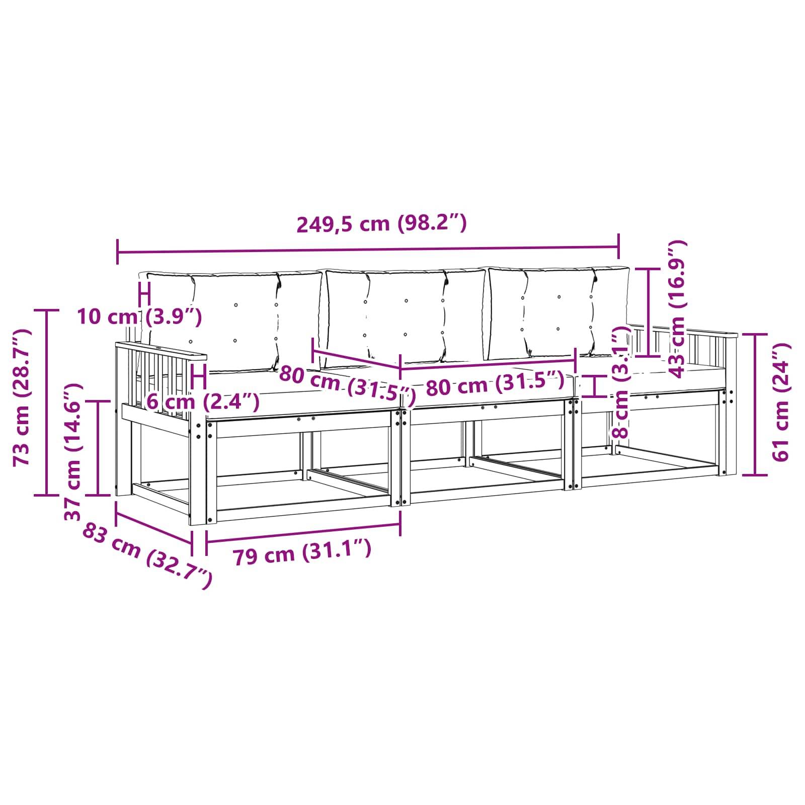 vidaXL Outdoor-Sofagarnitur mit Kissen 3 pcs Natur und Creme