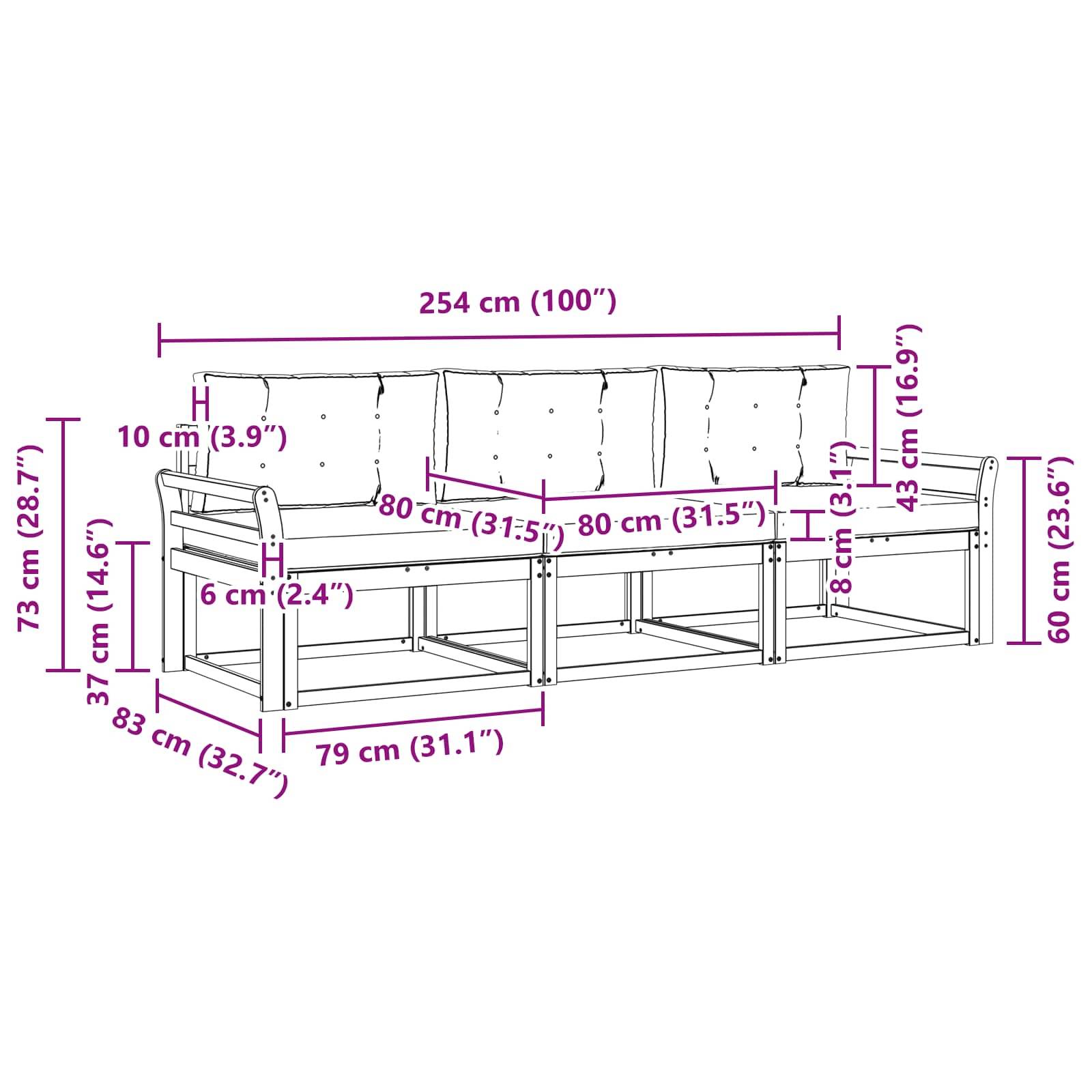 vidaXL Outdoor-Sofagarnitur mit Kissen 3 pcs Natur und Creme