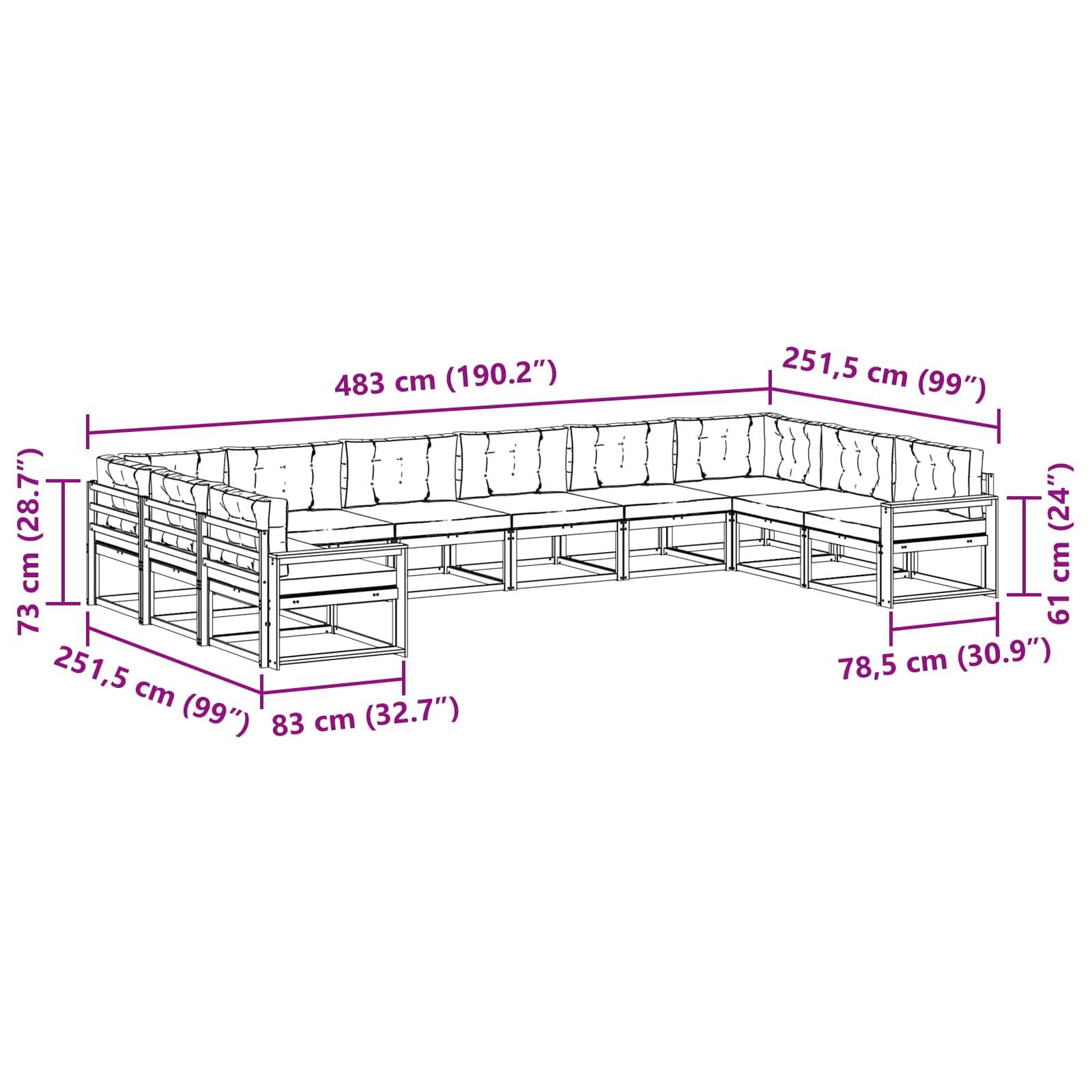 vidaXL Outdoor-Sofagarnitur mit Kissen 10 pcs Natürlich und Hellgrau