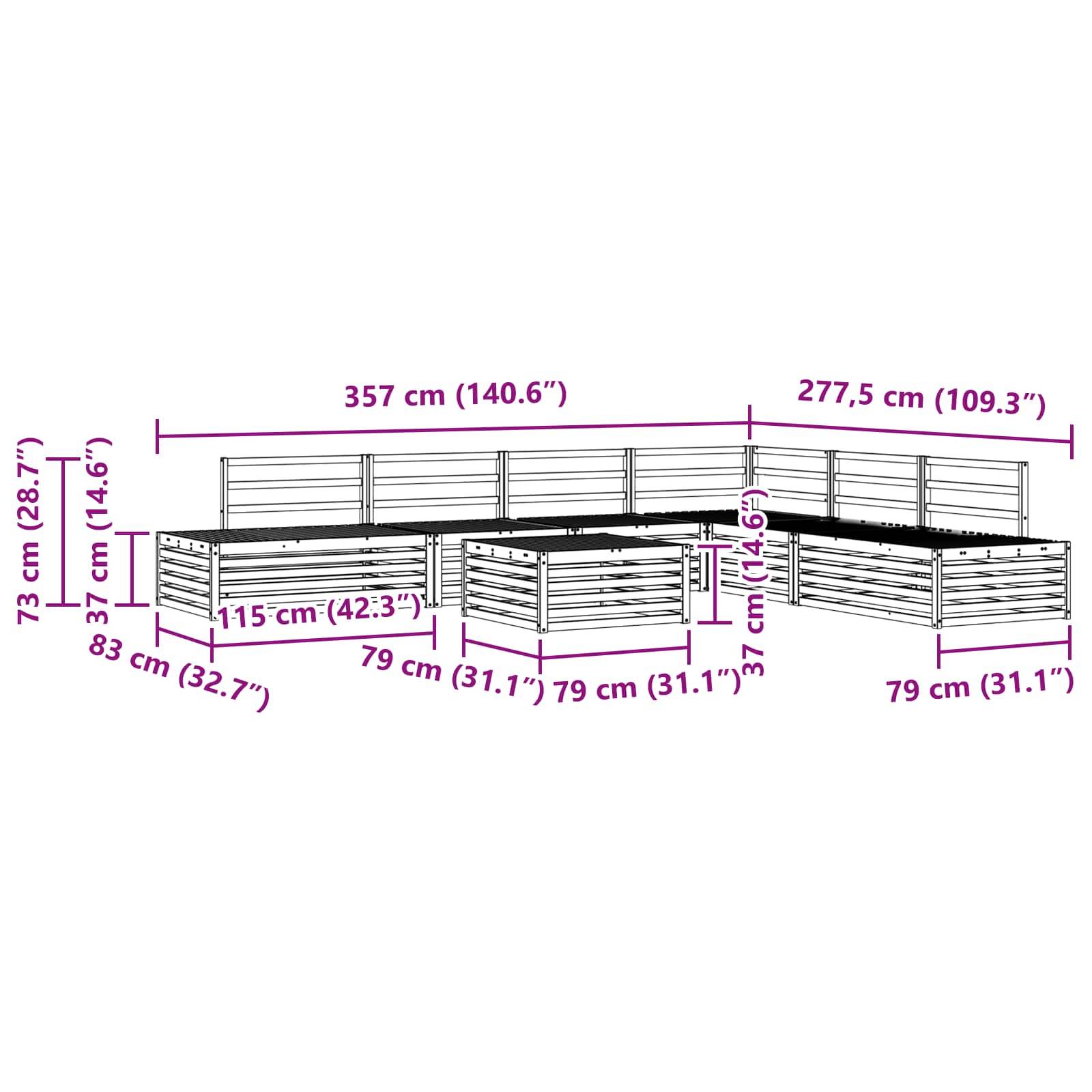 Diagramm einer L-förmigen Holzpflanzschale mit Abmessungen. Längen: 357 cm x 277,5 cm. Höhen reichen von 37 cm bis 73 cm.
