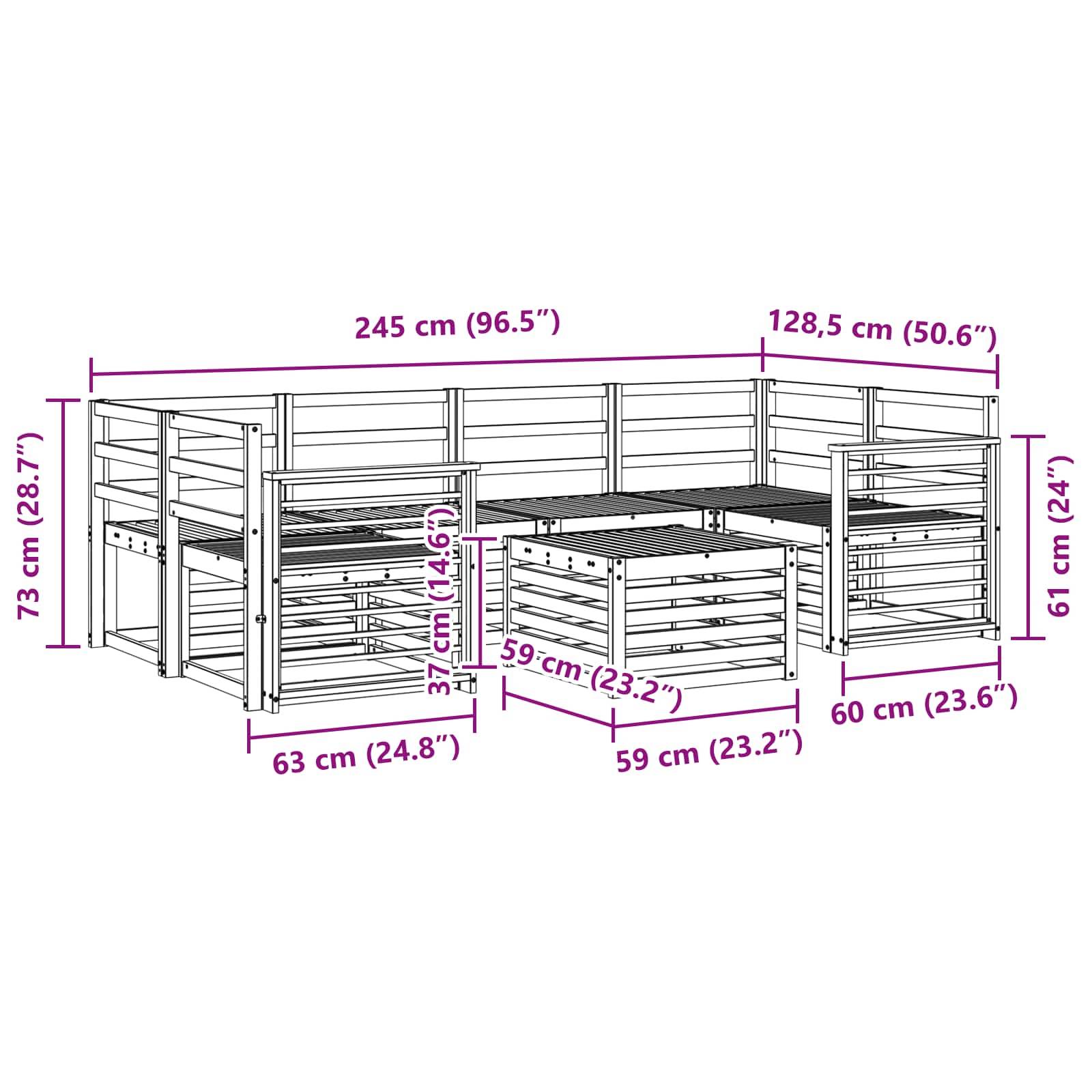 Diagramm einer eckigen hölzernen Werkstation mit Abmessungen: 245 cm Länge, 128,5 cm Breite, 73 cm Höhe. Einschließlich unterer Regale und Stauraum.
