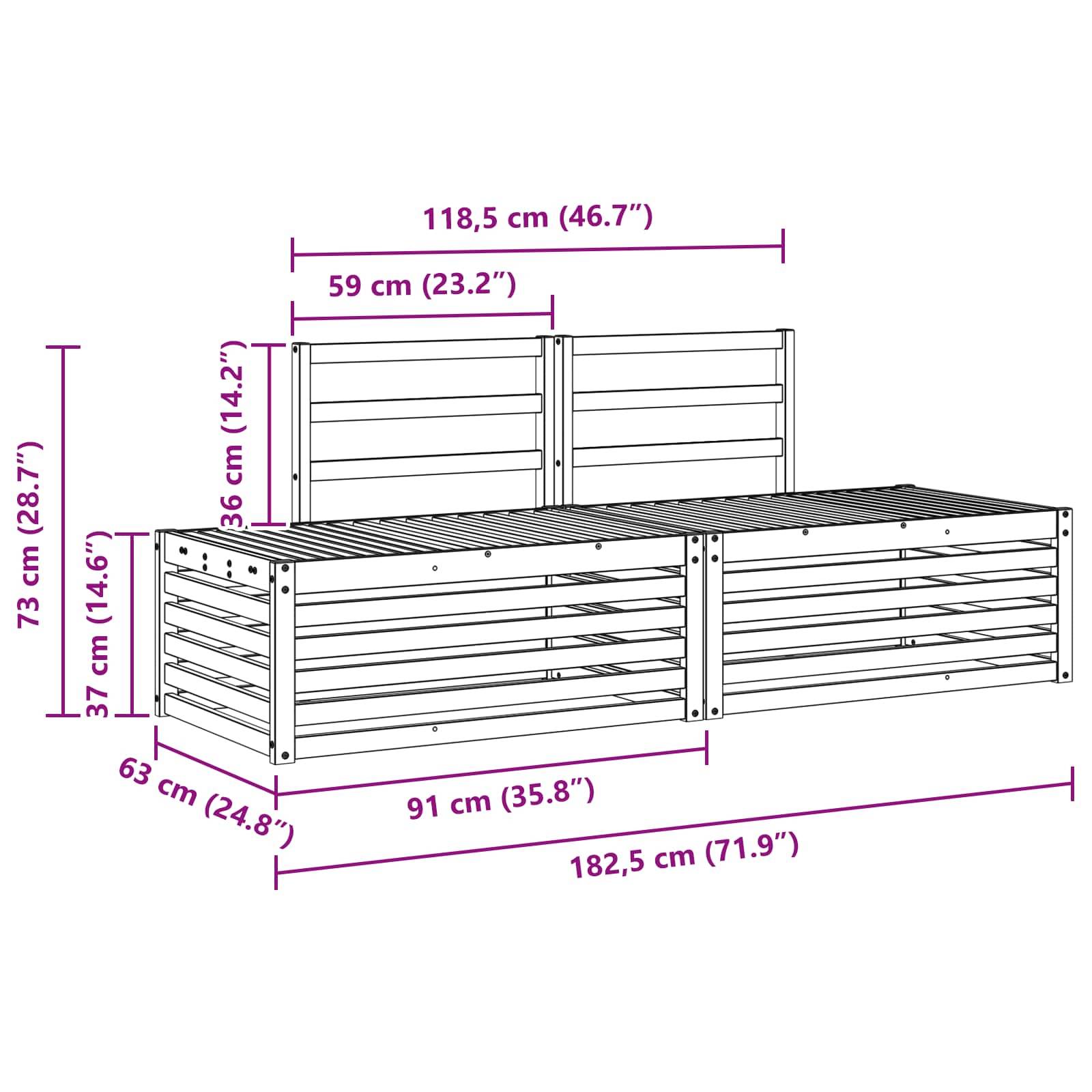 vidaXL Outdoor-Sofagarnitur 3 Stück Weiß 182,5 x 63 x 73 cm