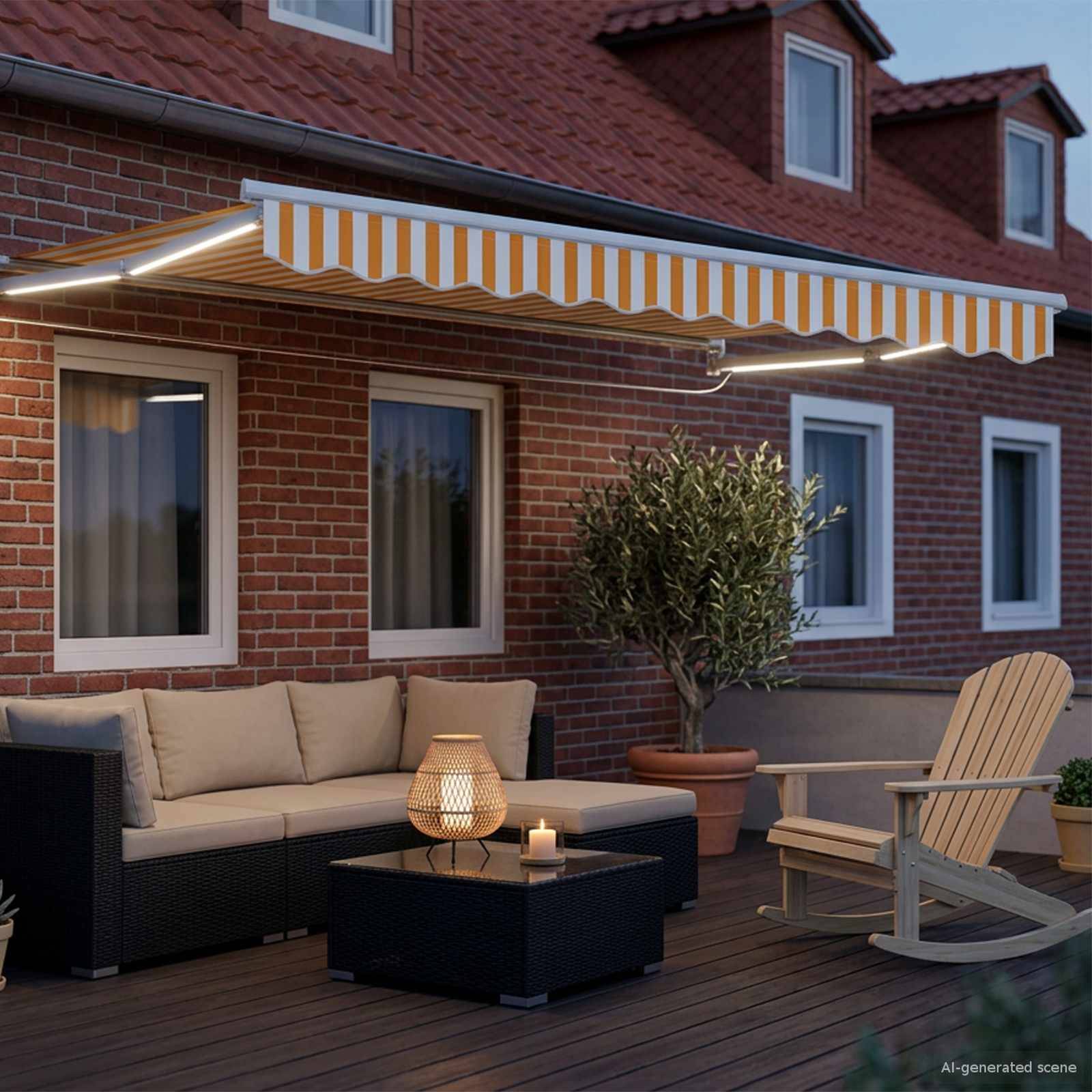 Eine moderne Terrasse mit einem gestreiften Markisen, Ecksofa, Couchtisch mit Laternen, Schaukelstuh und Topfbaum neben einem Ziegelsteinhaus.