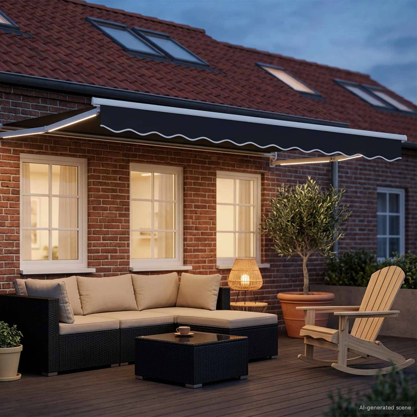 Hinterhofterrasse mit schwarzem Ecksofa, Couchtisch, Schaukelstuhl, Topfbaum und beleuchteter Markise vor einem Backsteinhaus in der Abenddämmerung.