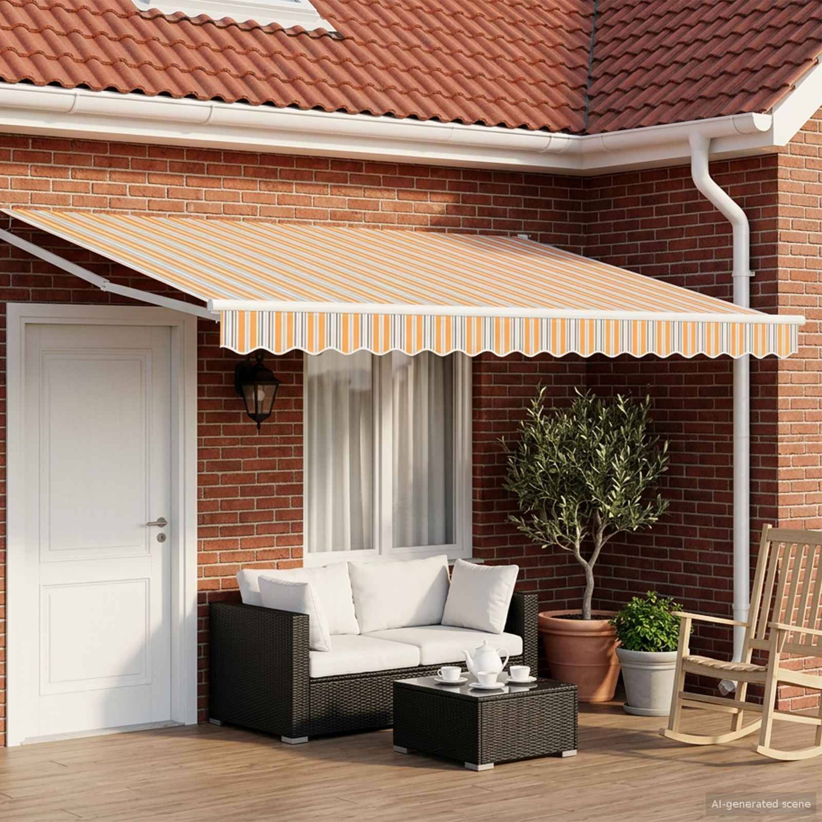 Ziegelpflaster-Terrasse mit gestreifter einziehbarer Markise, Outdoor-Sofa und Couchtisch, Topfpflanzen und Schaukelstuhl neben einem Hauseingang.
