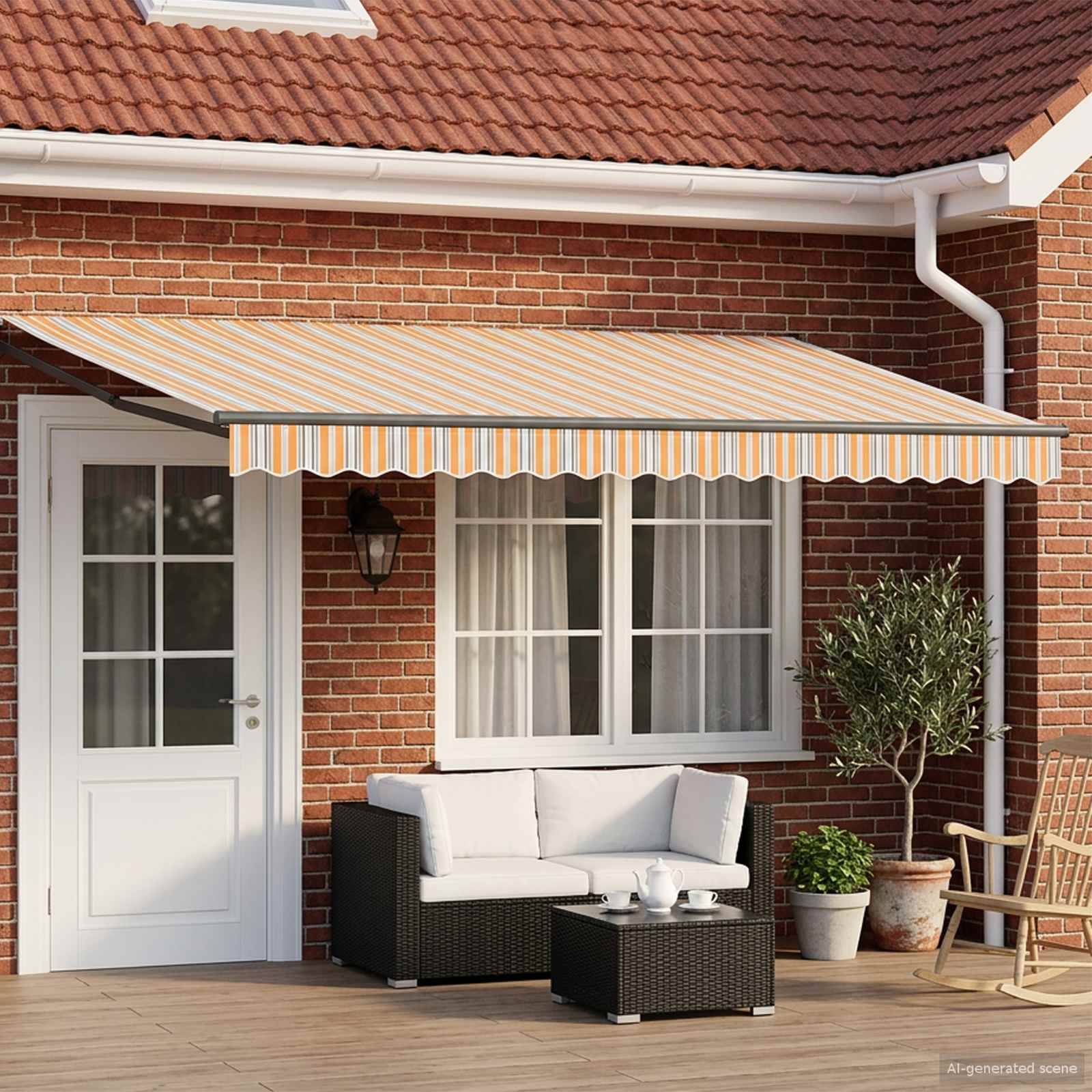 Terrassenpflaster mit gestreiftem ausfahrbarem Sonnenschirm über einem weißen Outdoor-Sofa, Couchtisch und Topfpflanzen neben einer Haustür und einem Fenster.
