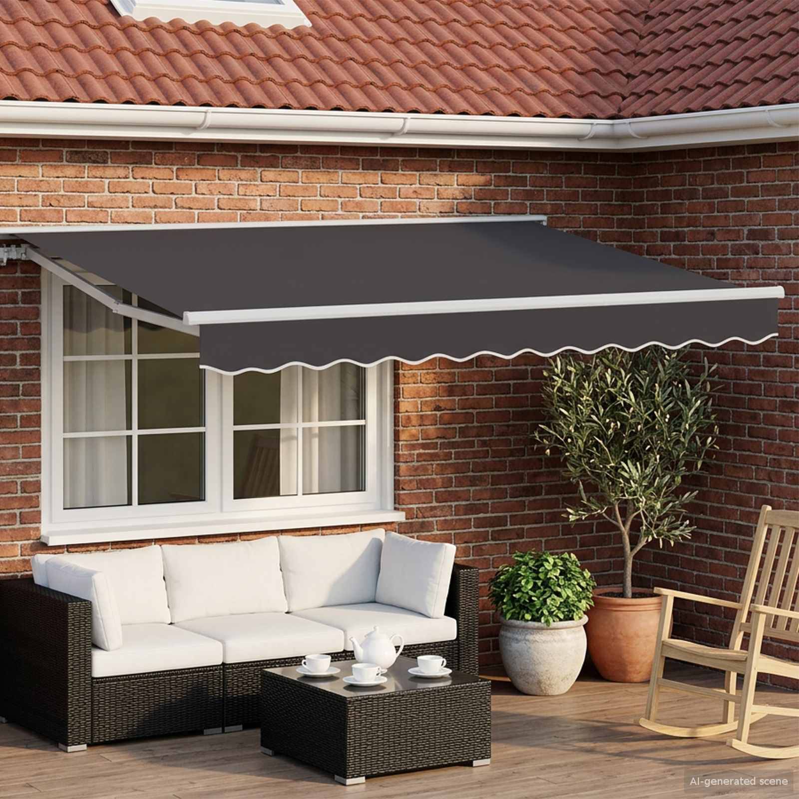 Sitzbereich auf der Terrasse mit einer wandmontierten ausziehbaren Markise, die ein Korbsofa, einen Couchtisch, Pflanzen und einen Schaukelstuhl vor einem Ziegelhaus beschattet.