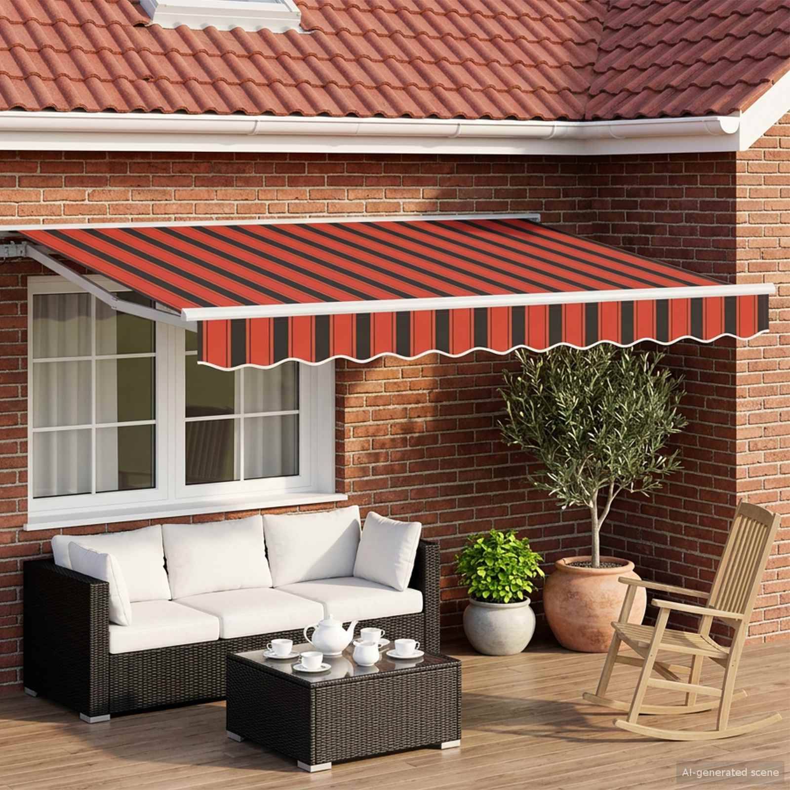 Terrasse mit einer rot-schwarz gestreiften ausfahrbaren Markise über Außensitzplätzen: Sofa, Couchtisch mit Teeservice, Topfpflanzen und Schaukelstuhl neben einem Backsteinhaus.