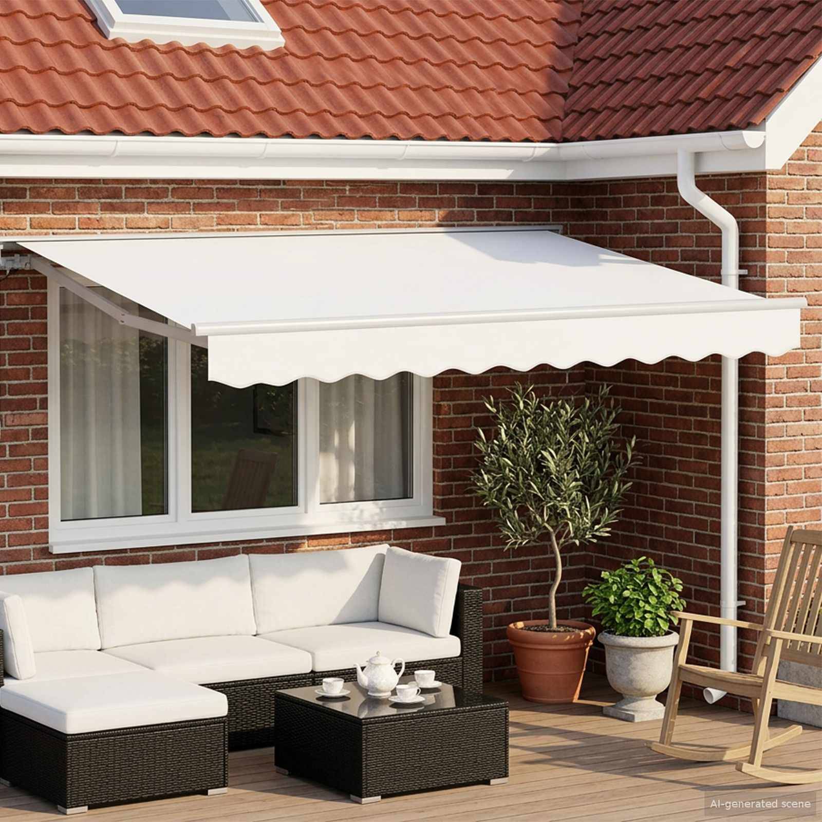 Backsteinhaus-Terrasse mit weißer ausfahrbarer Markise, Außensofa und Tisch, Topfpflanzen und Holzstuhl auf einer Terrasse.