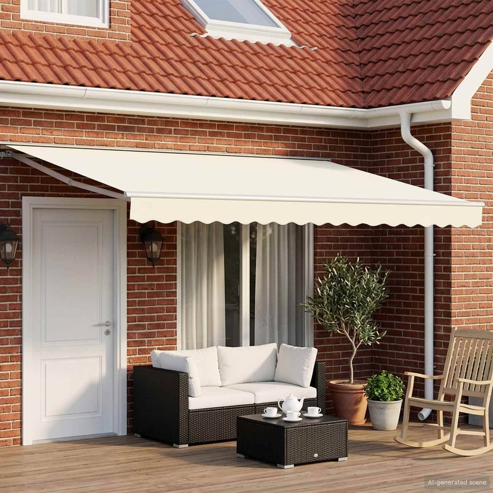 Eine überdachte Terrasse neben einem Ziegelbau mit einer beigefarbenen Markise, Korbsofa, Couchtisch, Topfpflanzen und Schaukelstuhl.