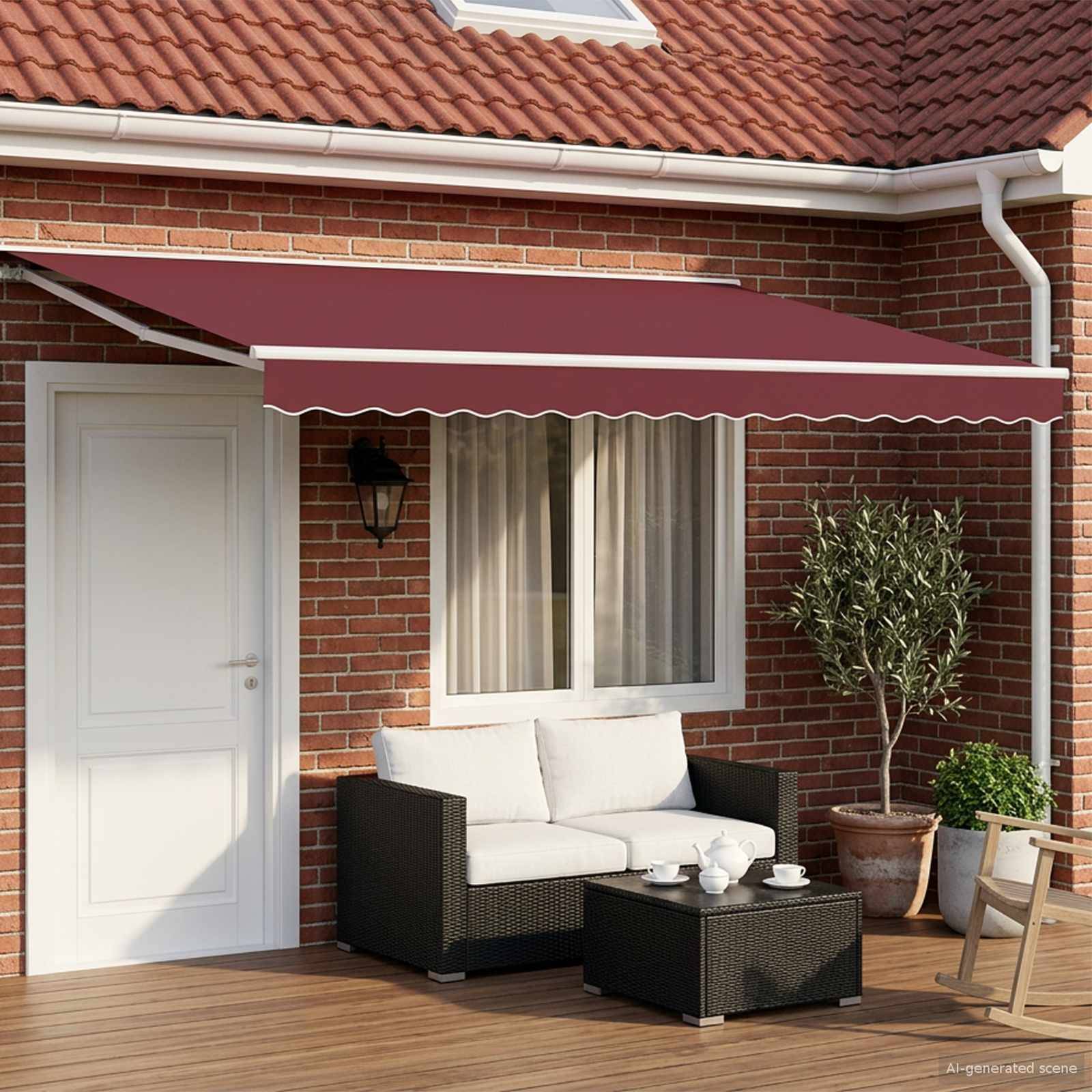 Backsteinhaus-Terrasse mit burgunderrotem Markise, Außensofa, Couchtisch mit Teeservice, Topfpflanzen und einer weißen Tür.
