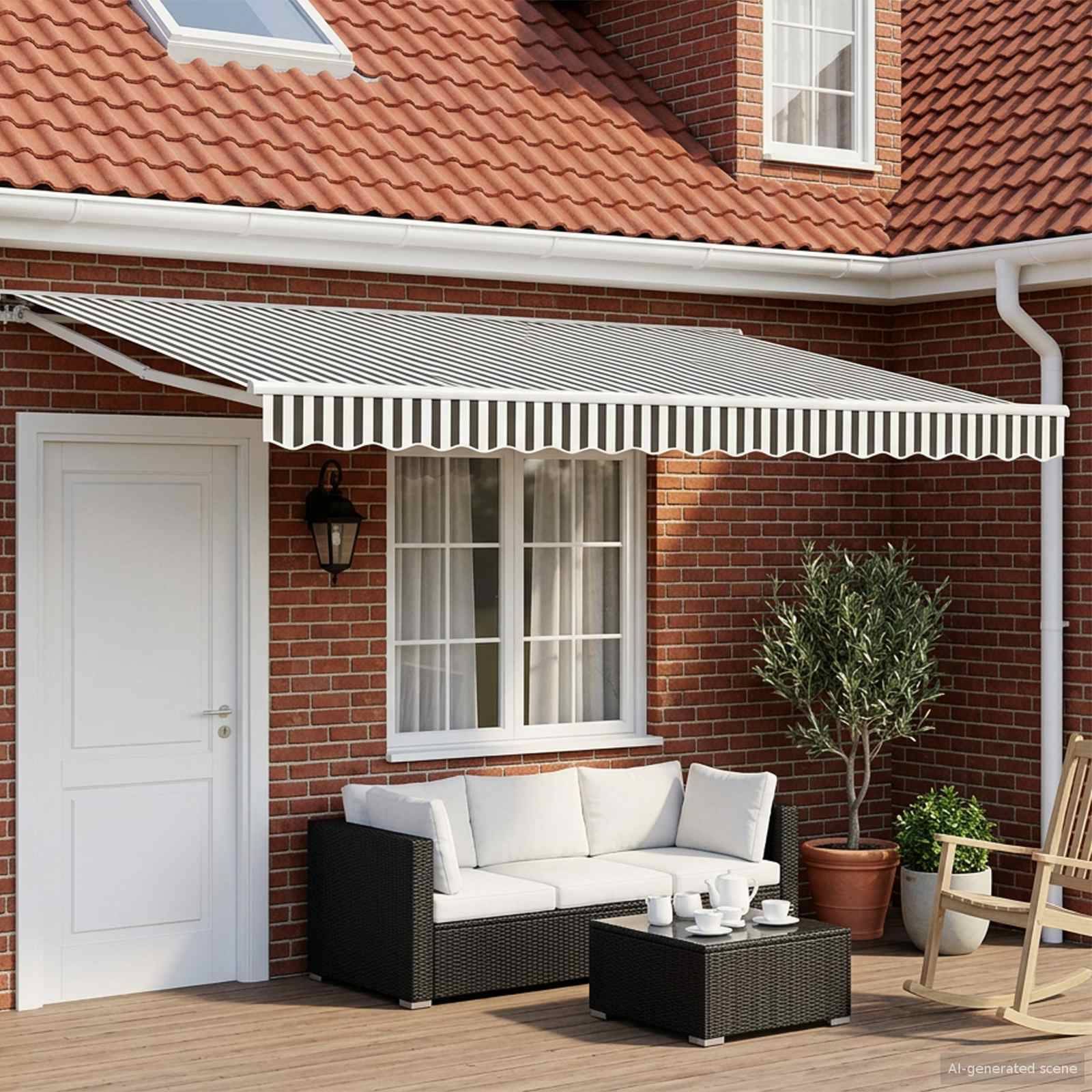 Backsteinhaus-Terrasse mit einem gestreiften Markise über einem weißen Outdoor-Sofa, Couchtisch, Topfbaum und Schaukelstuhl.