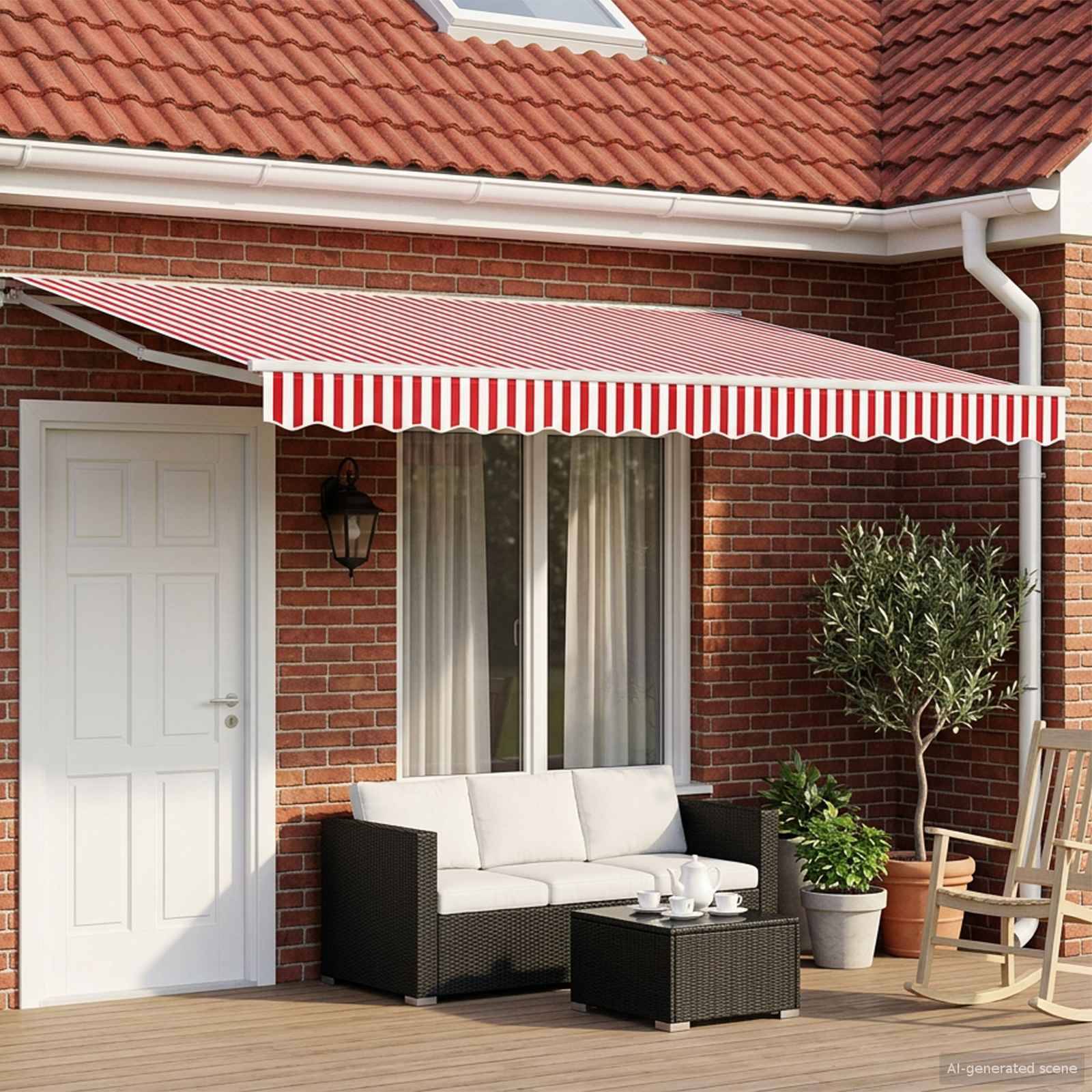 Rot-weiß gestreiftes Markisendach über einer Backsteinterrasse mit Außensofa, Tisch, Pflanzen und Schaukelstuhl neben einer weißen Tür und einem Fenster.