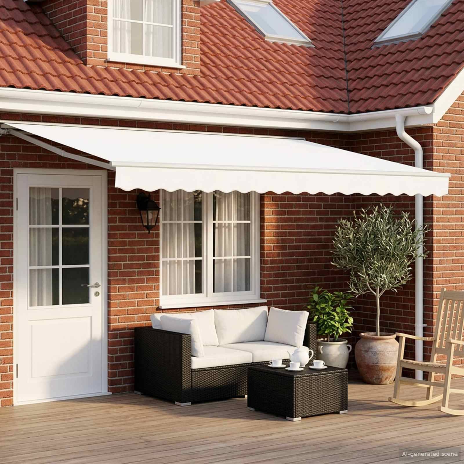 Terrasse mit weißem Sonnenschirm über dem Eingang eines Backsteinhauses, ausgestattet mit einem Außensofa, einem Couchtisch mit Teeservice, Topfpflanzen und zwei Stühlen.