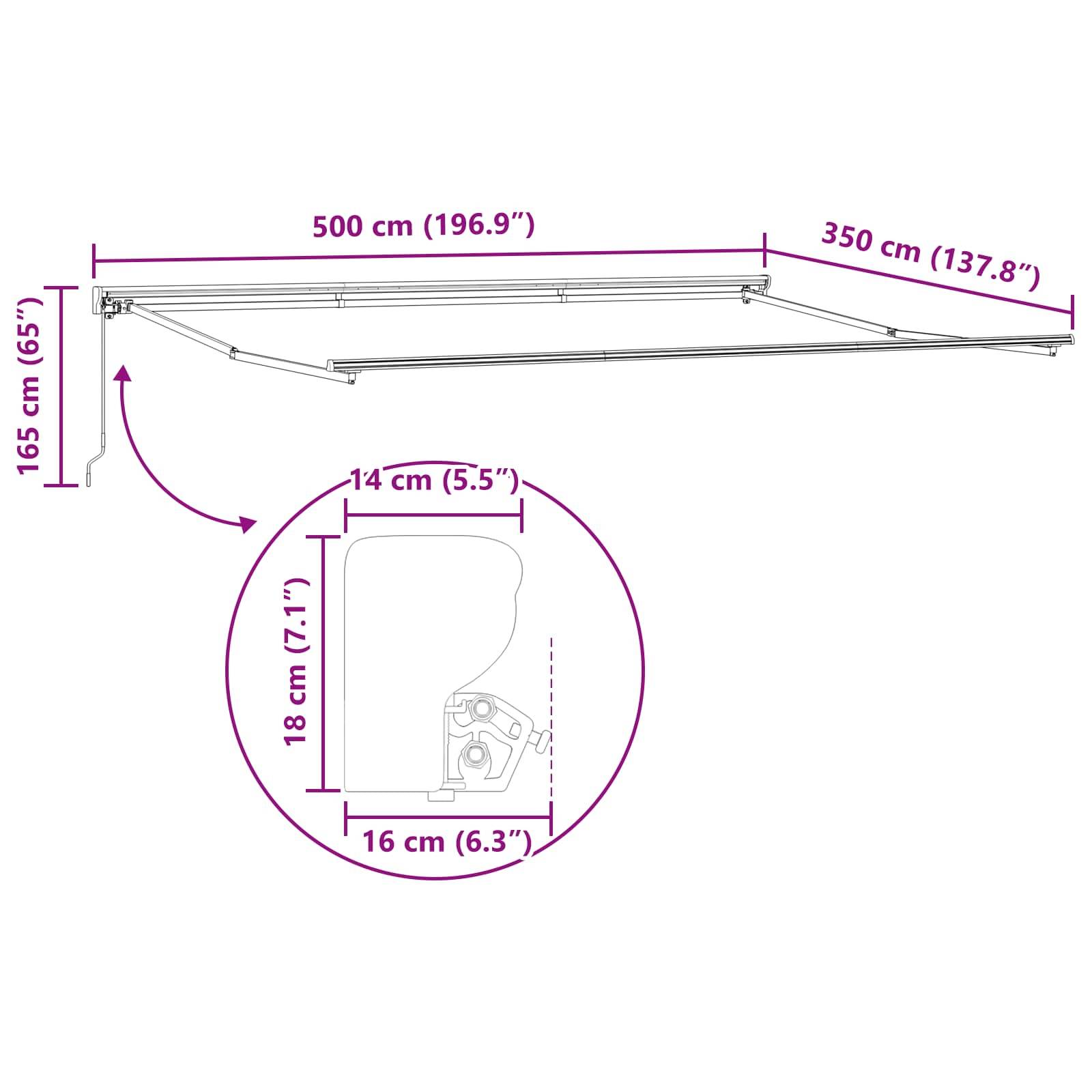 vidaXL Manuell einziehbare Markise Bordeauxrot 5 x 3,5 m