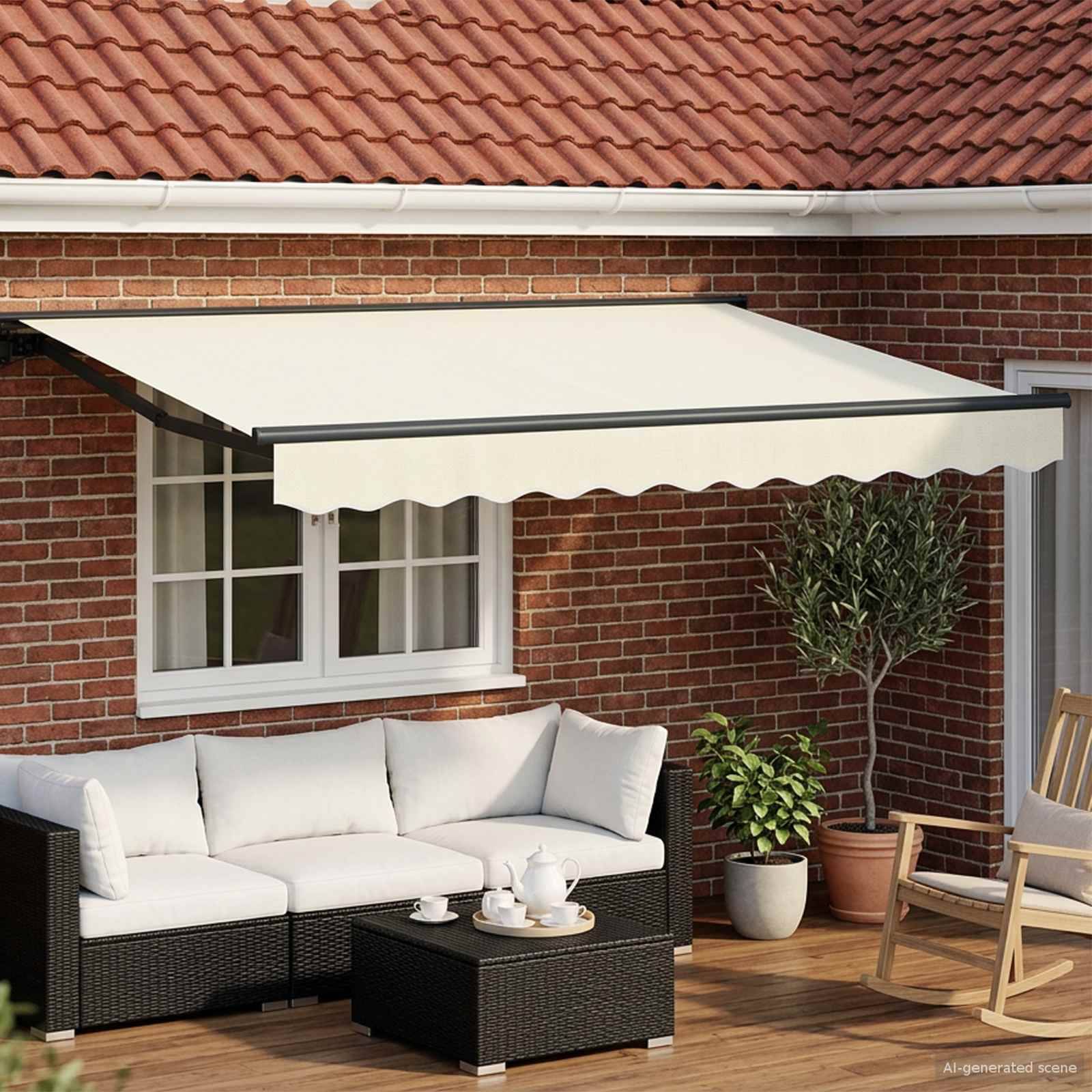 Terrasse mit einer cremefarbenen einziehbaren Markise, die einen Außensitzbereich mit Sofa, Couchtisch, Stühlen und Topfpflanzen vor einem Backsteinhaus beschattet.