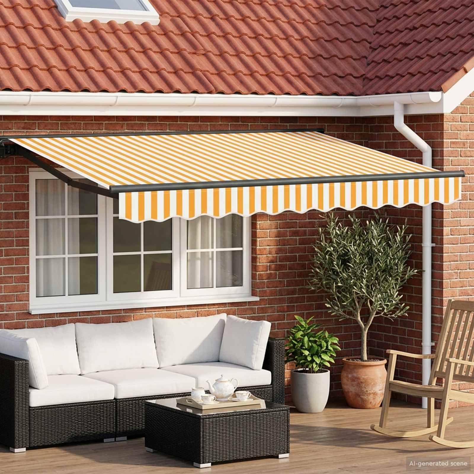 Eine gelb-weiß gestreifte ausziehbare Markise spendet Schatten auf einer Ziegelhausveranda mit einem Sofa, Couchtisch, Stühlen und Topfpflanzen.