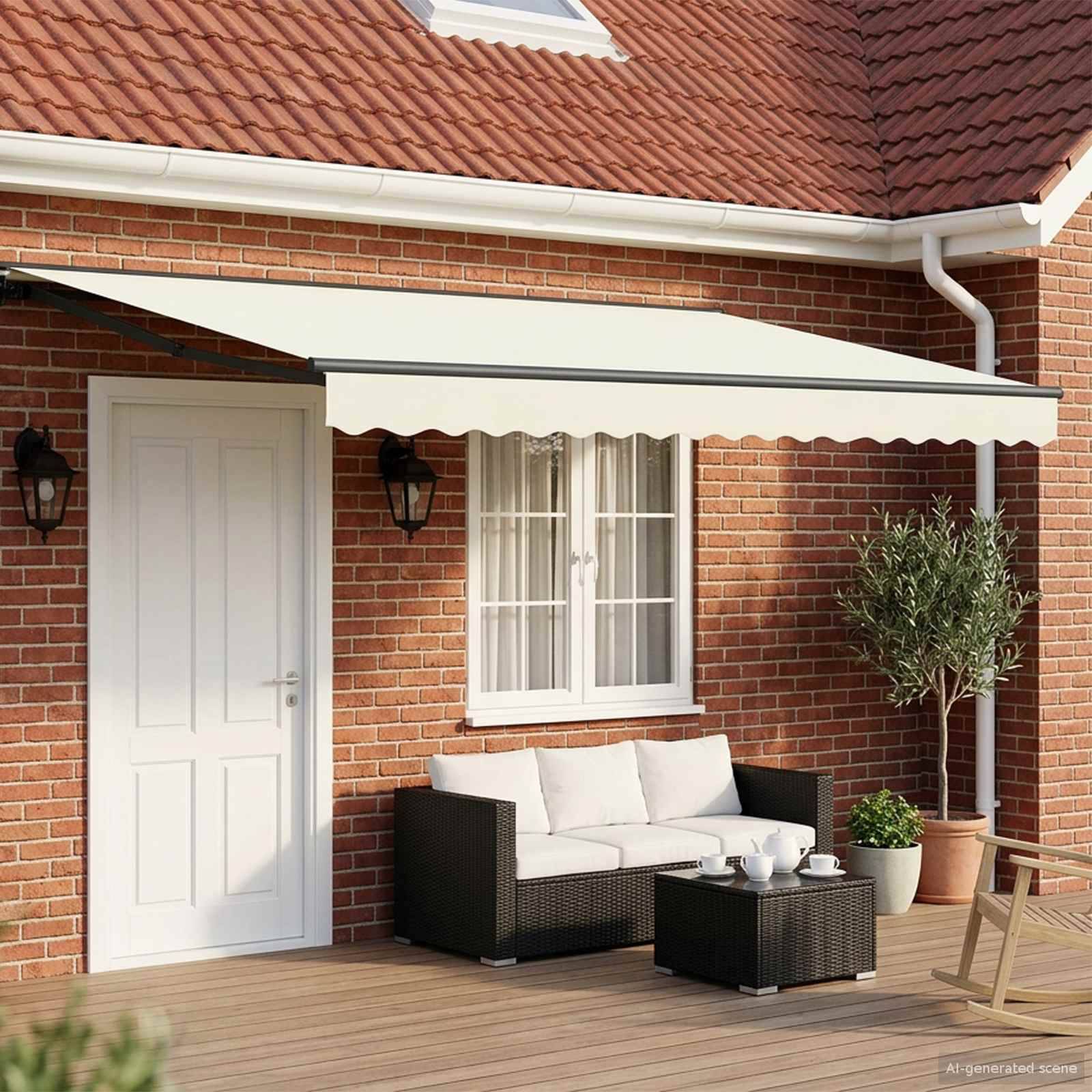 Sitzbereich auf der Terrasse neben einem Backsteinhaus mit einer weißen Markise über einer Tür und einem Fenster, einem Outdoor-Sofa, einem Couchtisch und Topfpflanzen.