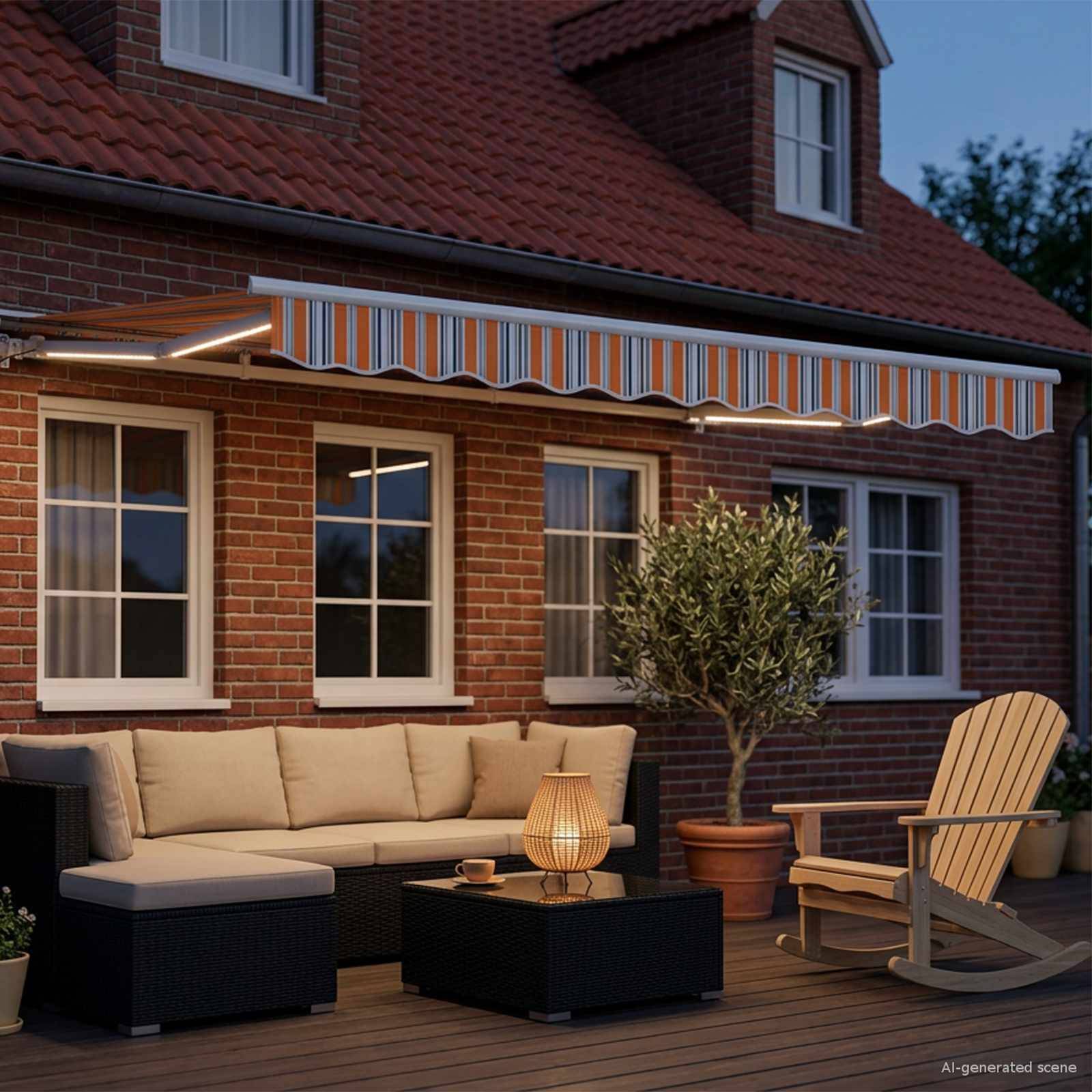 Terrassenfläche im Hinterhof mit einem Außensofa, Couchtisch, Schaukelstuhl, Topfbaum und gestreifter Markise neben einem Backsteinhaus in der Dämmerung.