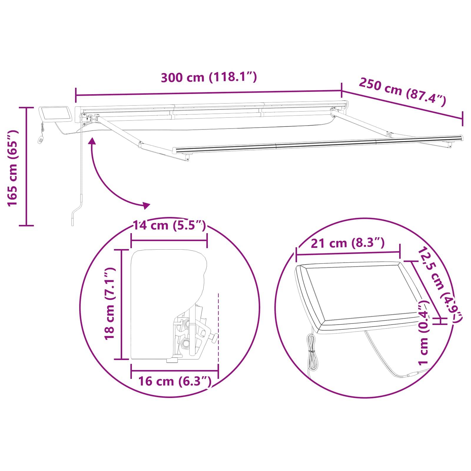 vidaXL Manueller Markisenrahmen mit LEDs Anthrazit und Weiß 3 x 2,5 m