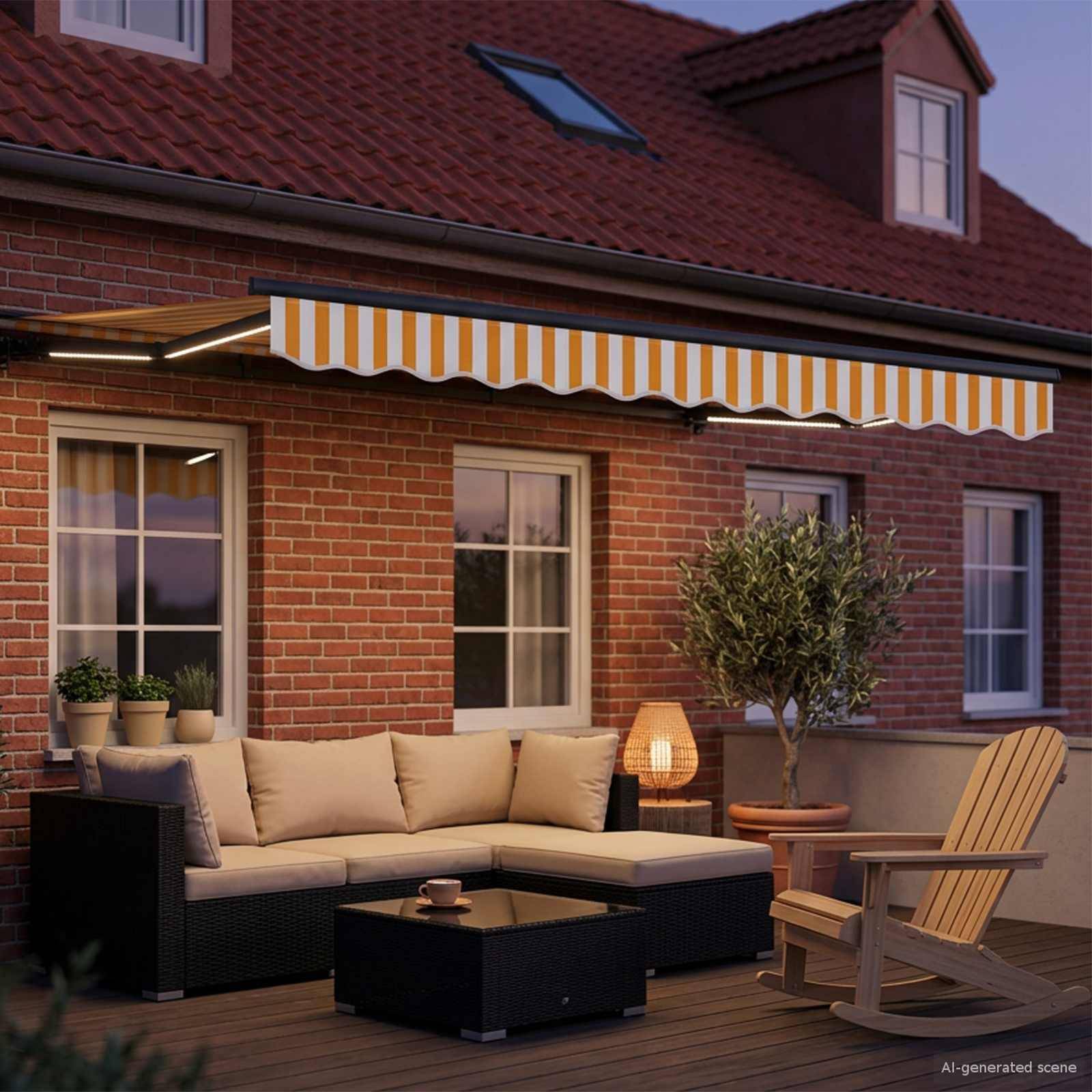 Eine Terrase eines Backsteinhauses mit einem L-förmigen Outdoor-Sofa, einem Couchtisch, einem Schaukelstuhl, Topfpflanzen und einer gestreiften Markise in der Dämmerung.