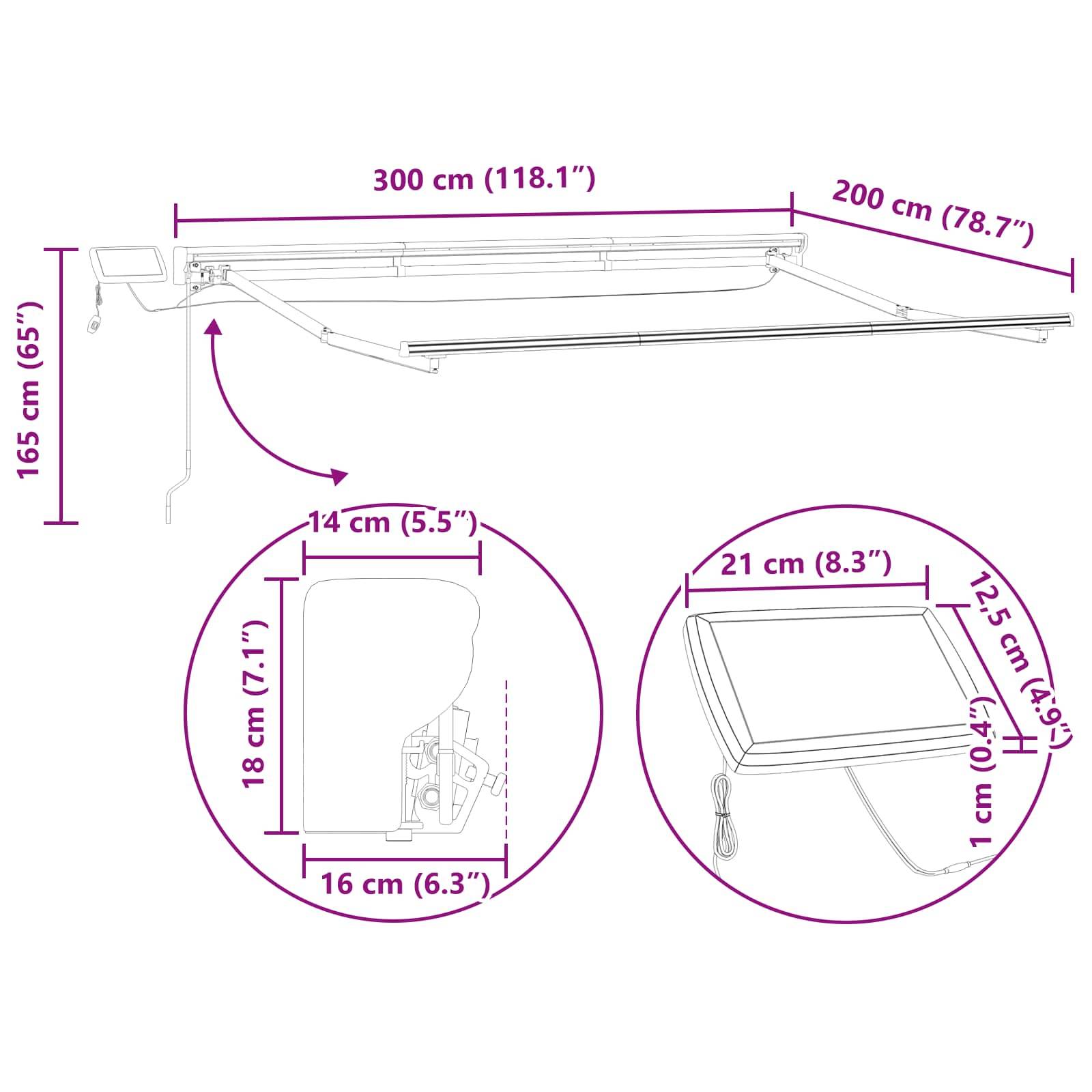 vidaXL Manueller Markisenrahmen mit LEDs Gelb, Grau und Weiß 3 x 2 m