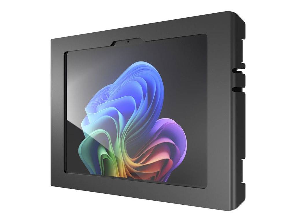 Robustes schwarzes Tablet in einem schützenden Industriegehäuse, Frontansicht mit farbenfrohem abstraktem Display.