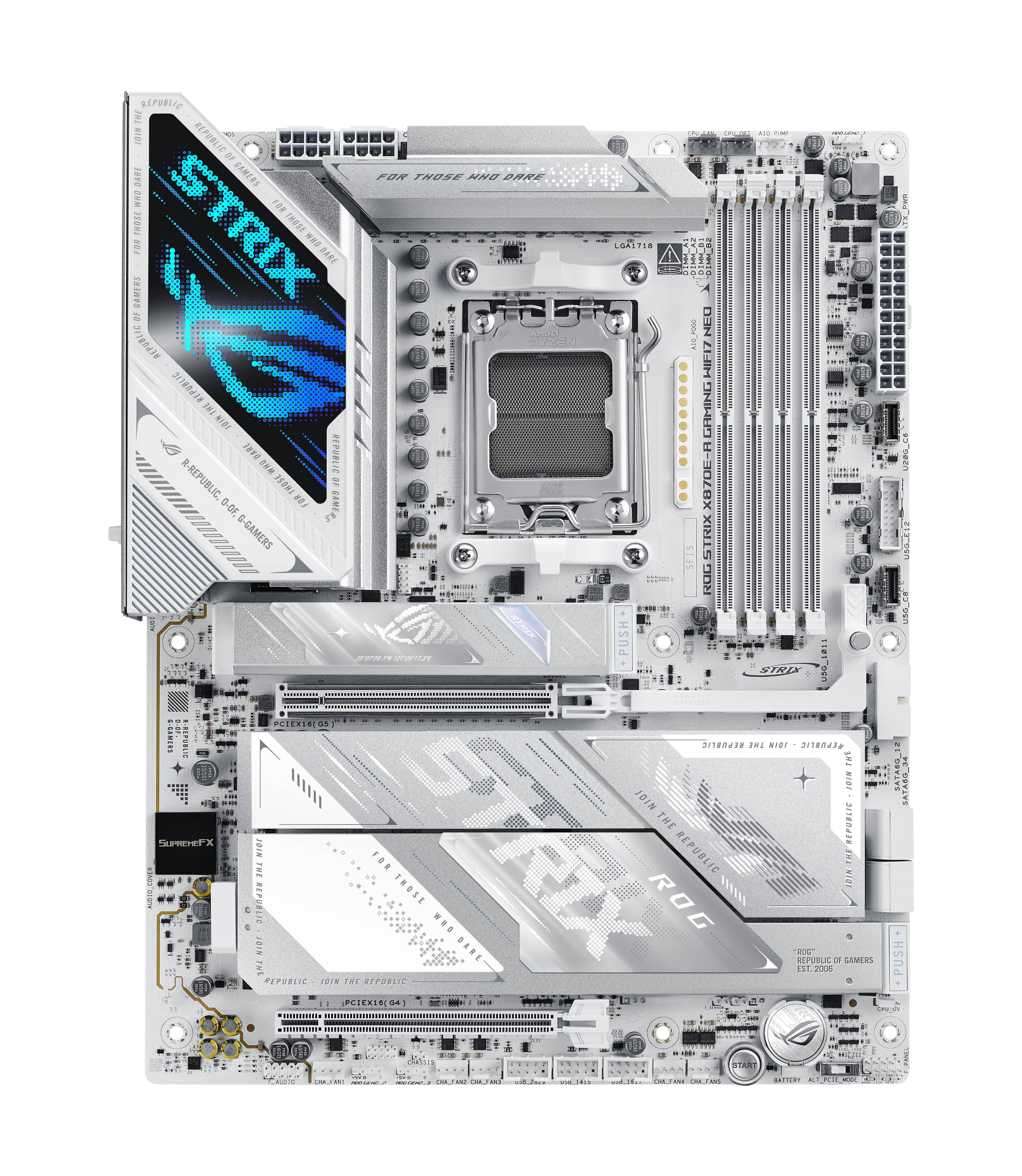 Weiße ASUS ROG STRIX-Hauptplatine mit zentralem CPU-Sockel, vier RAM-Steckplätzen, PCIe- und M.2-Steckplätzen, gezeigt auf schwarzem Hintergrund.
